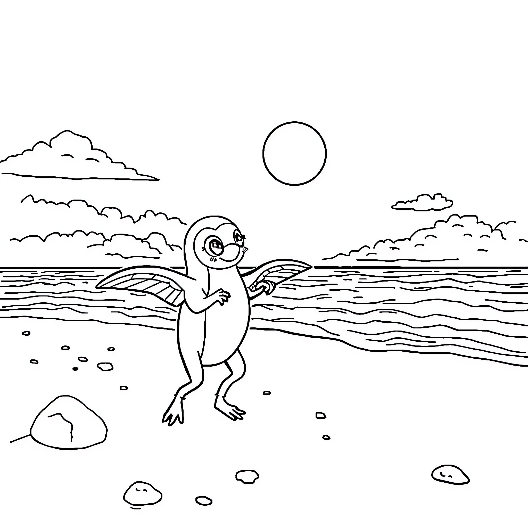 Patrouille of a curious aquatic creature Coloring Page (free black-and-white line drawing printable PDF for all, from beginners to advanced learners, including children, teens, adults, and seniors)
