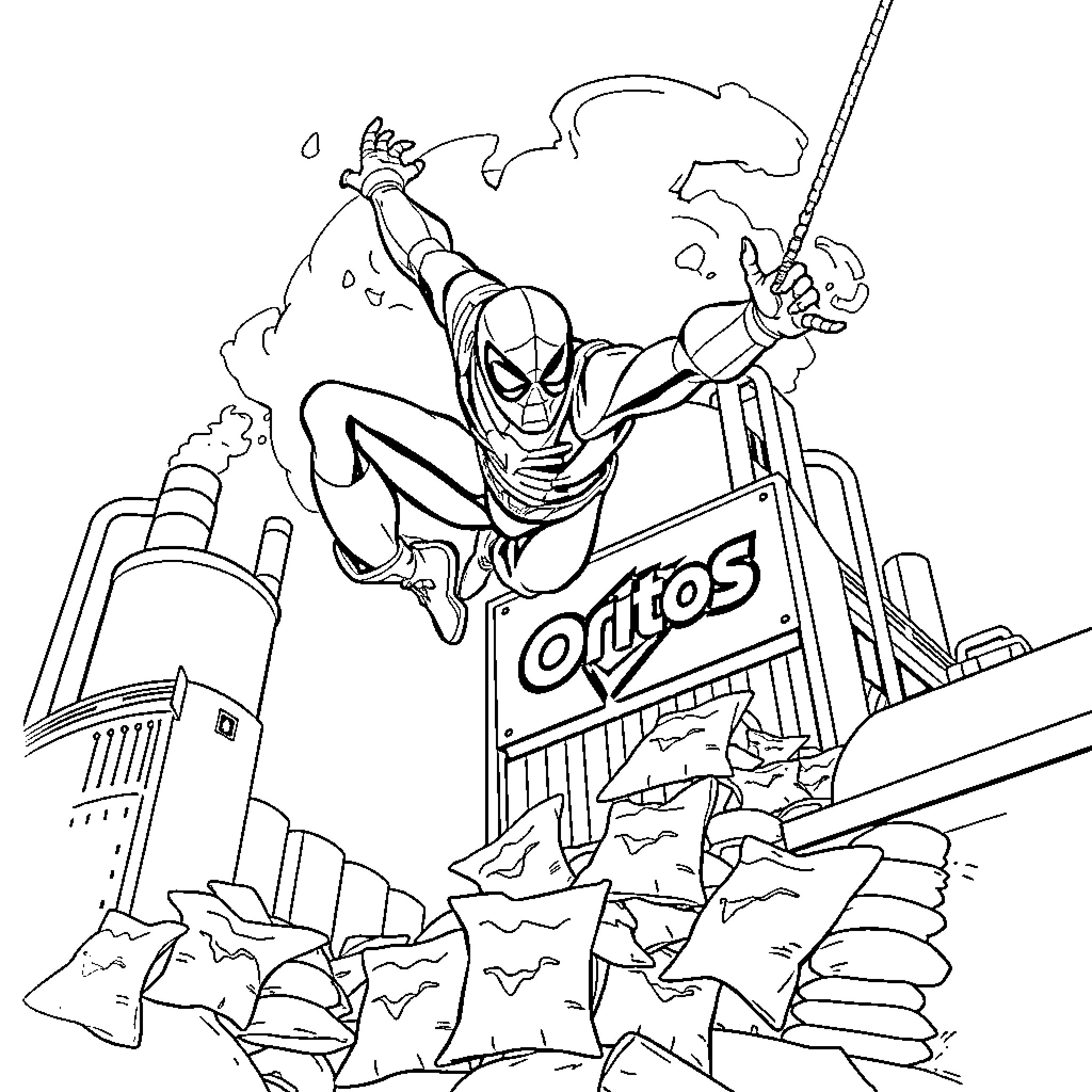 Miles Morales Spider-Man swinging through the city Coloring Page (free black-and-white line drawing printable PDF for all, from beginners to advanced learners, including children, teens, adults, and seniors)
