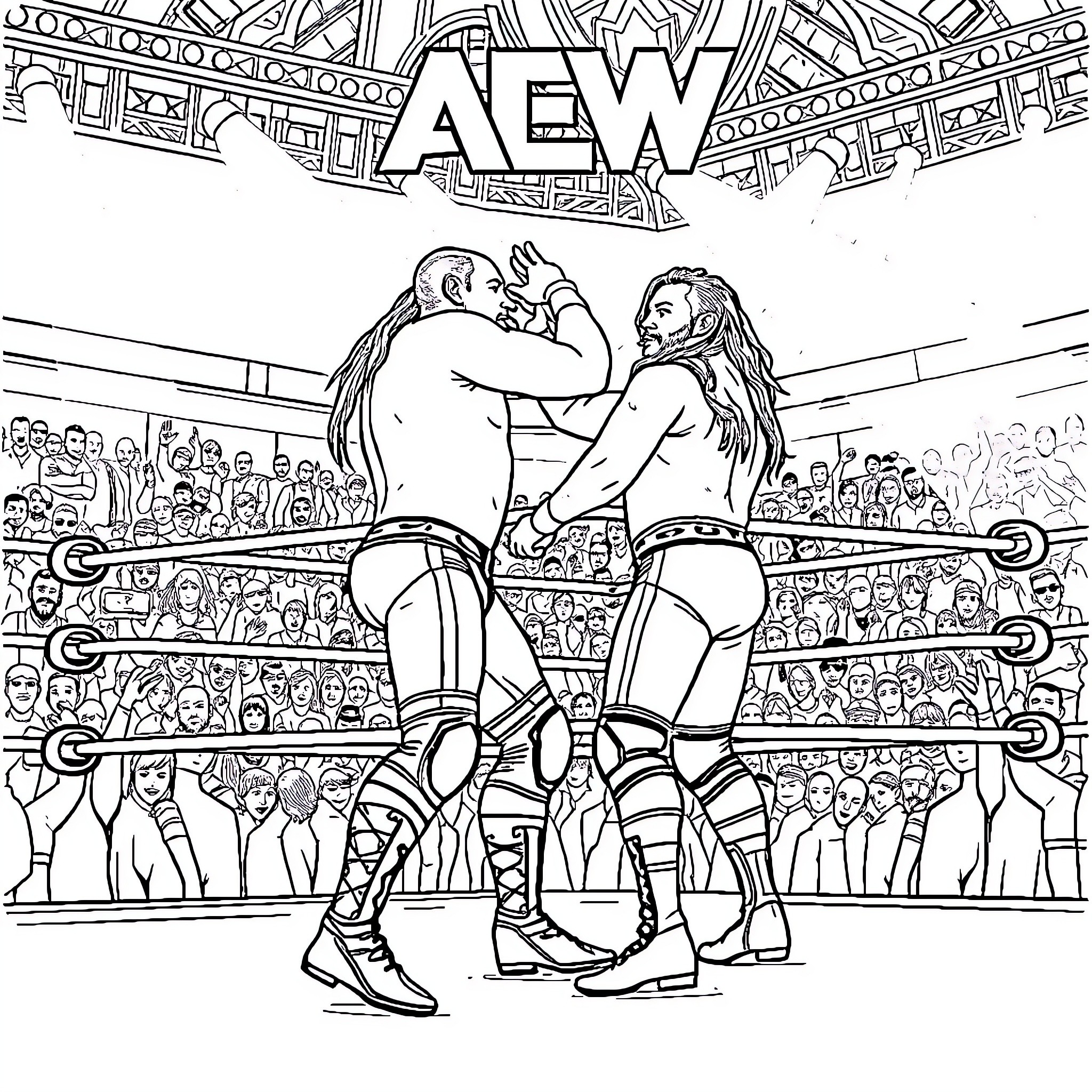 Wrestling match in an arena with spectators Coloring Page (free black-and-white line drawing printable PDF for all, from beginners to advanced learners, including children, teens, adults, and seniors)