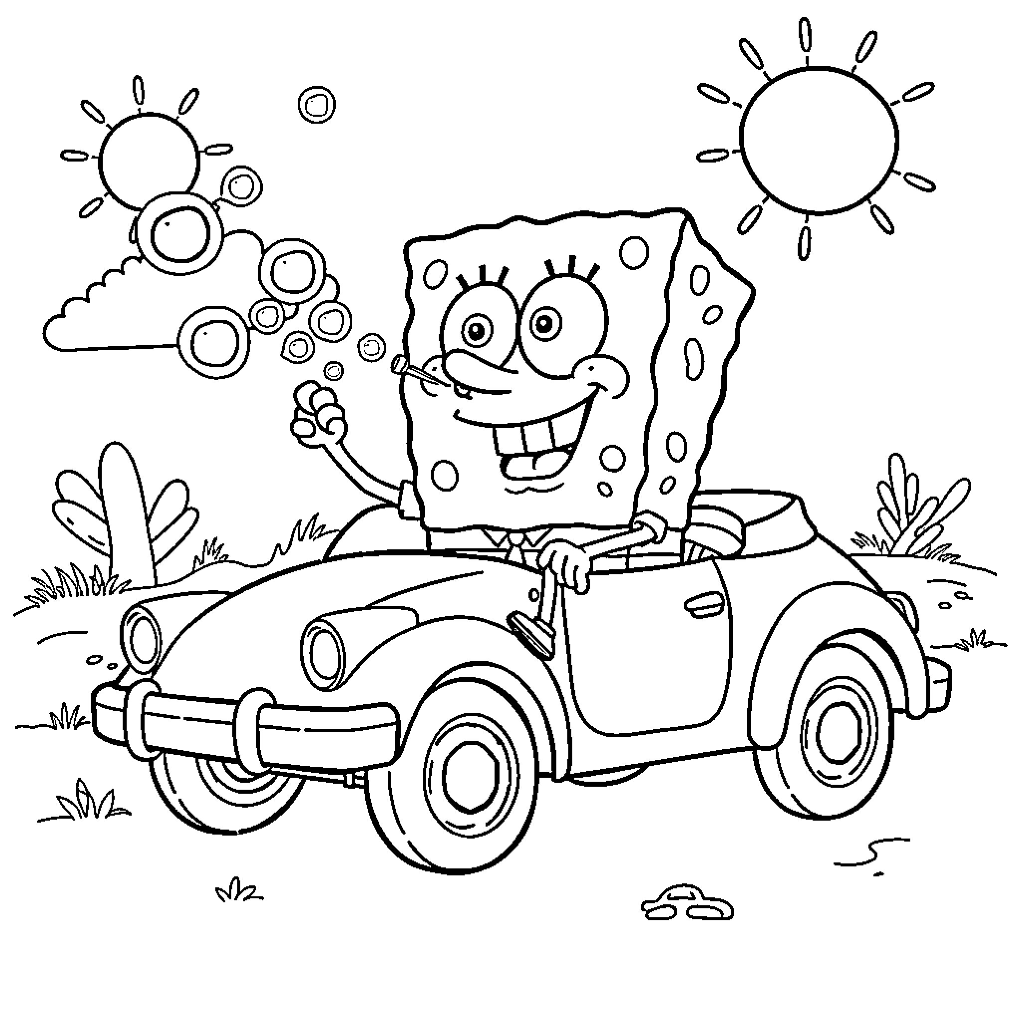 Spongebob's joyful road trip adventure Coloring Page (free black-and-white line drawing printable PDF for all, from beginners to advanced learners, including children, teens, adults, and seniors)