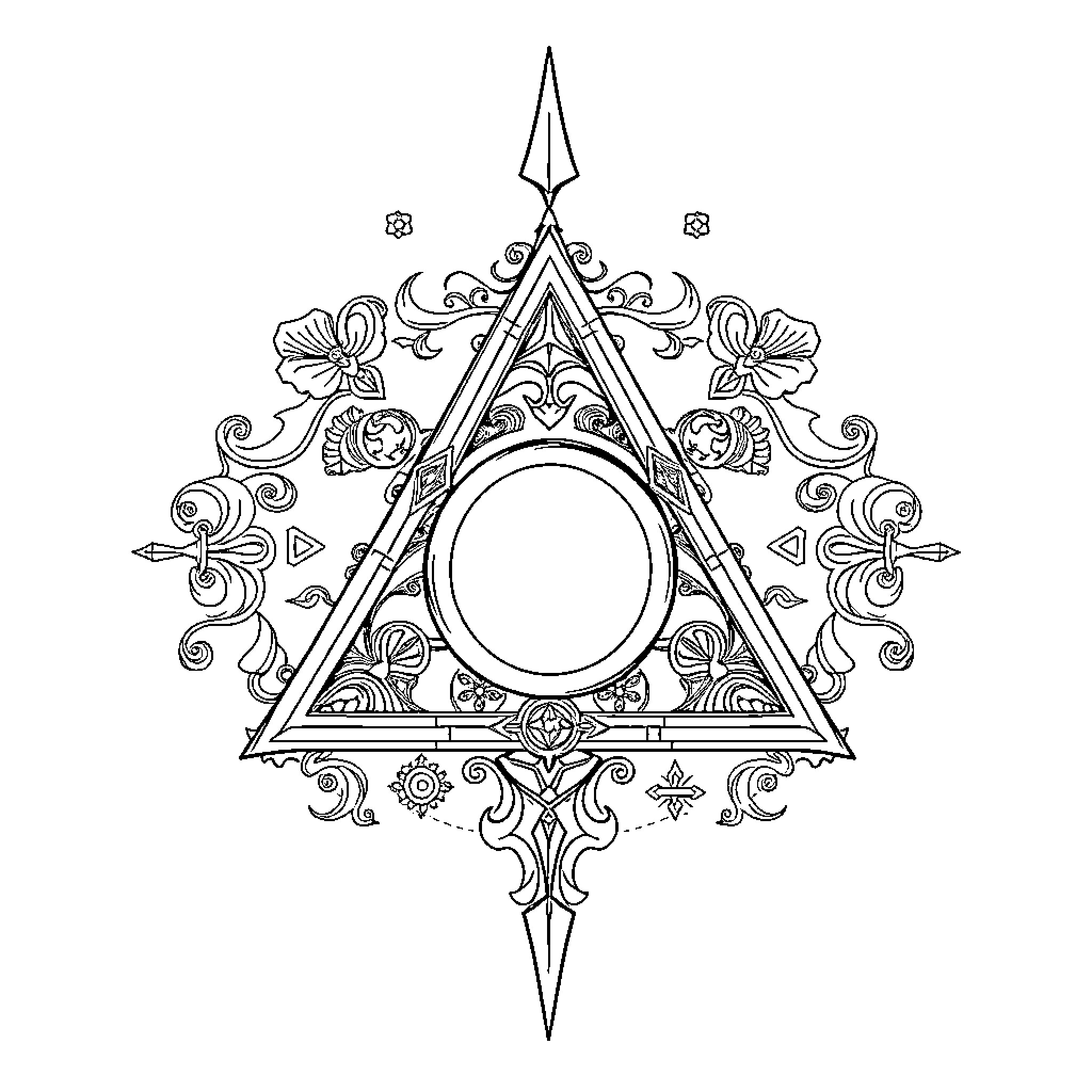 Deathly Hallows Symbol with Intricate Floral Elements Coloring Page (free black-and-white line drawing printable PDF for all, from beginners to advanced learners, including children, teens, adults, and seniors)