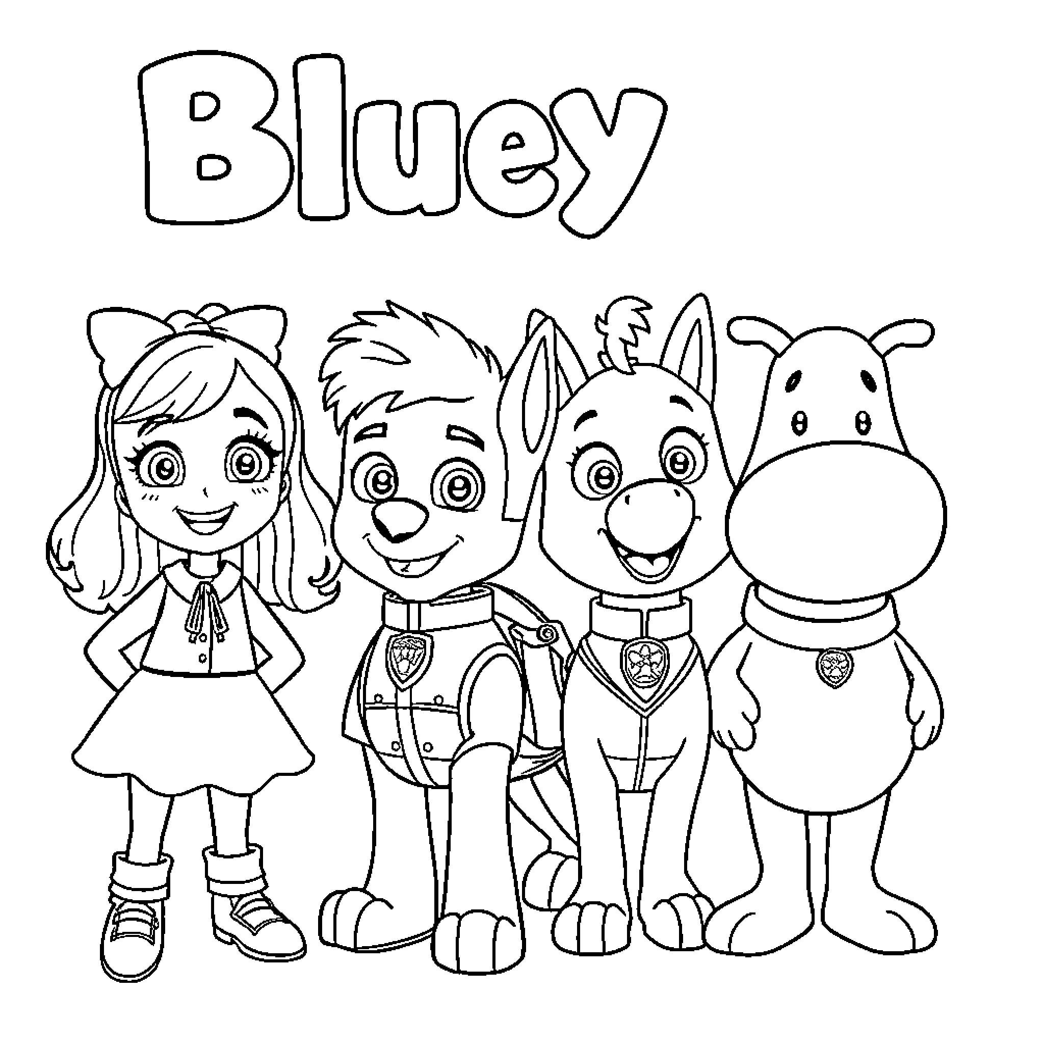 Character group from Bluey cartoon series Coloring Page (free black-and-white line drawing printable PDF for all, from beginners to advanced learners, including children, teens, adults, and seniors)