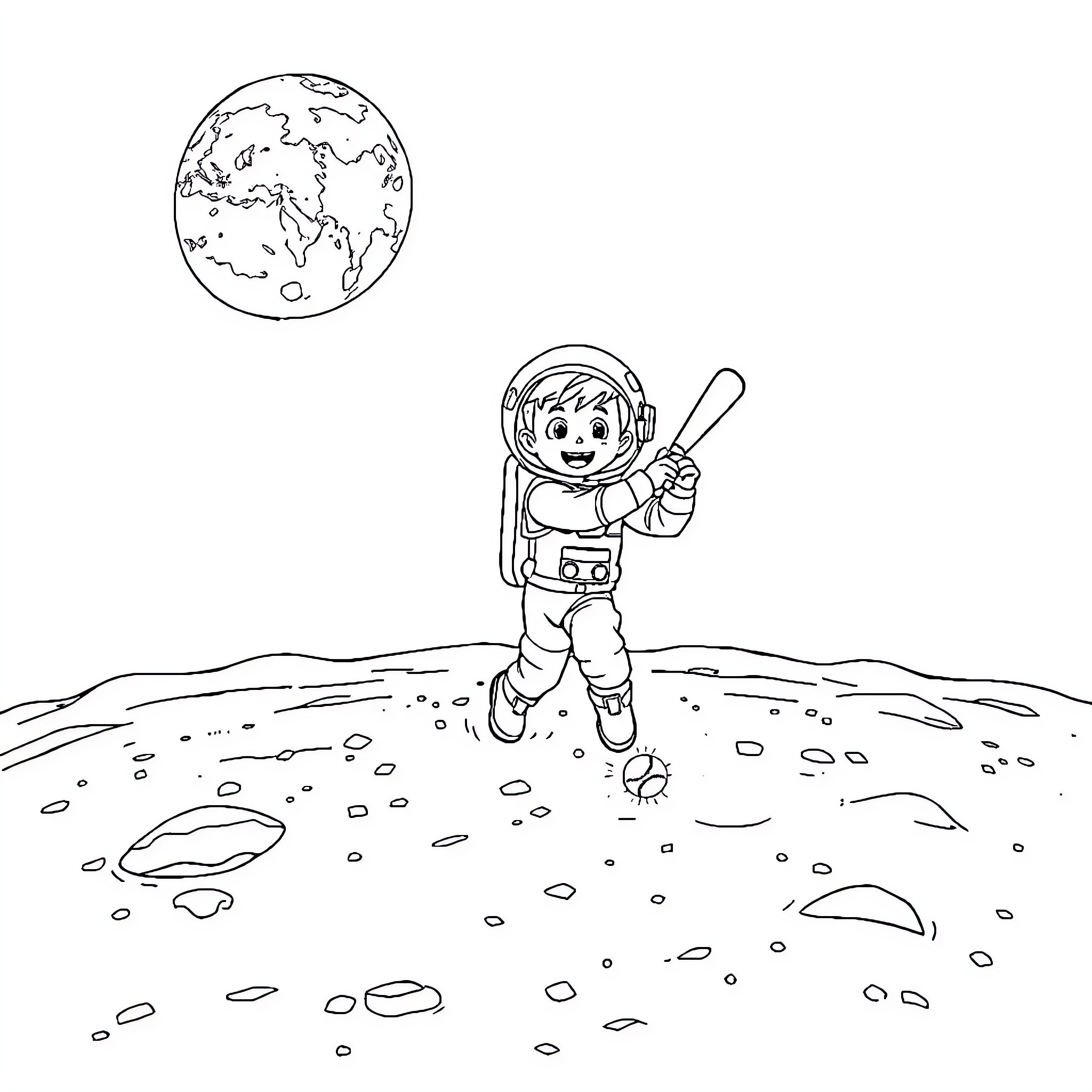 Boy exploring the lunar surface with a telescope Coloring Page (free black-and-white line drawing printable PDF for all, from beginners to advanced learners, including children, teens, adults, and seniors)