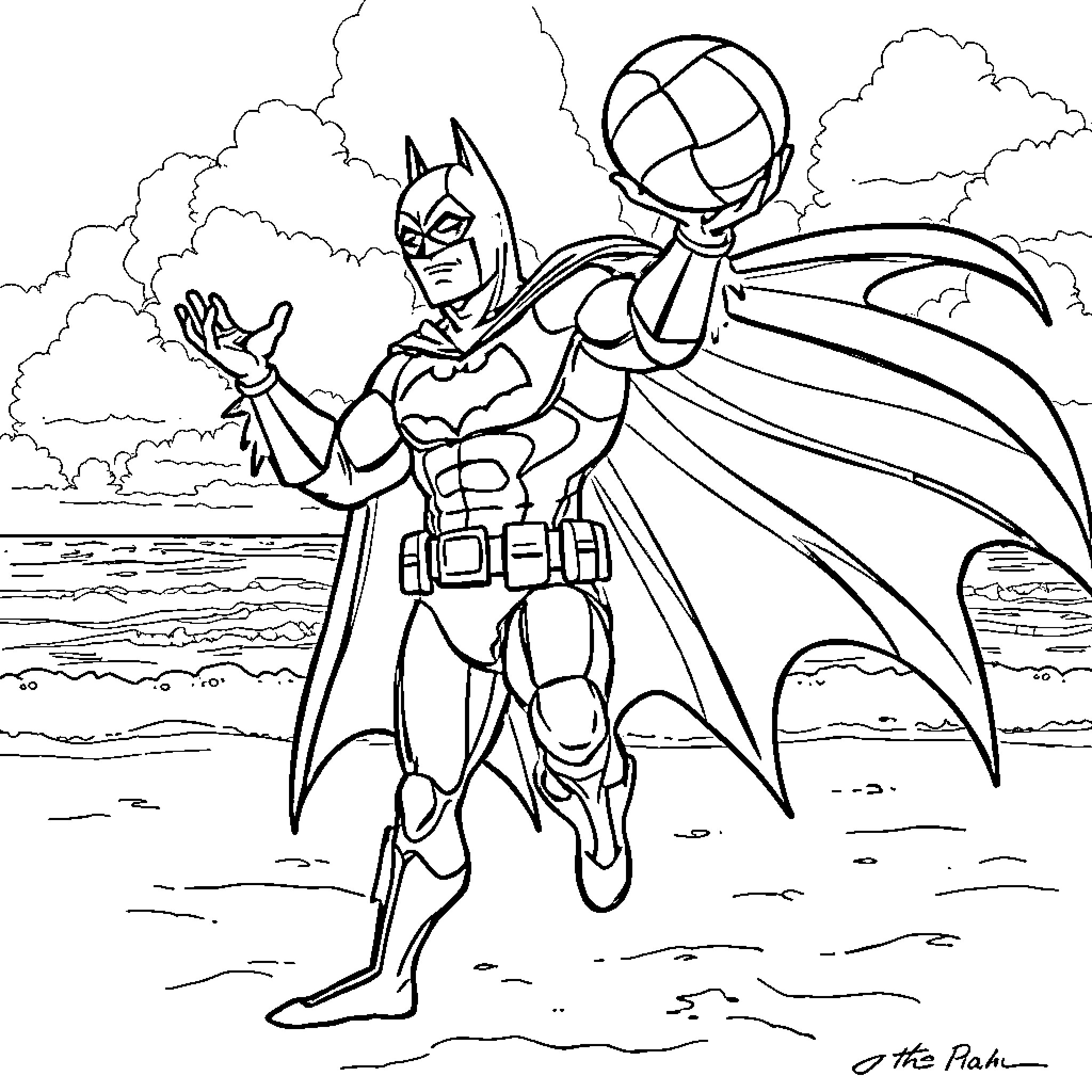 Batman standing ready for action in a cloudy sky Coloring Page (free black-and-white line drawing printable PDF for all, from beginners to advanced learners, including children, teens, adults, and seniors)