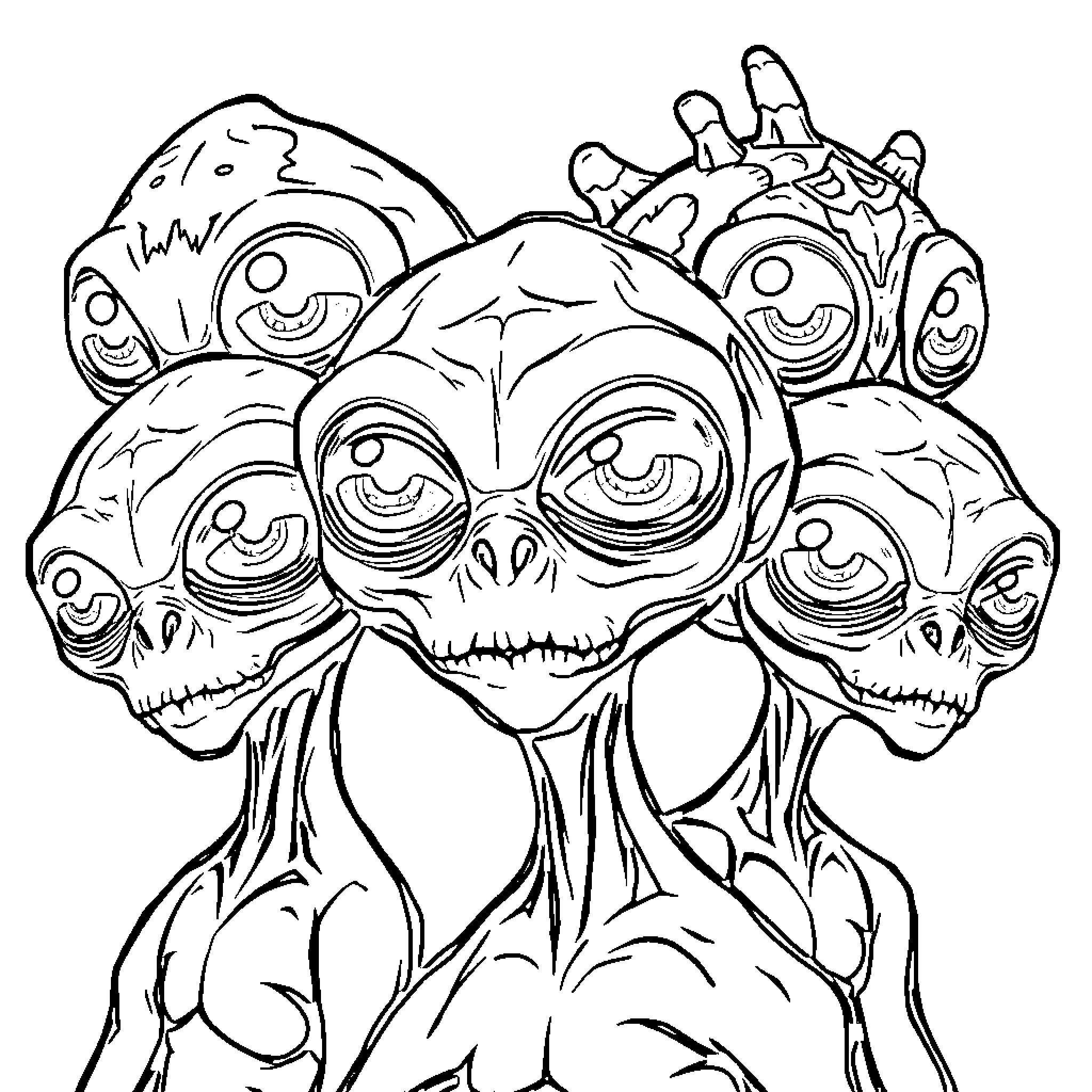 Alien Horde of Monstrous Creatures Coloring Page (free black-and-white line drawing printable PDF for all, from beginners to advanced learners, including children, teens, adults, and seniors)