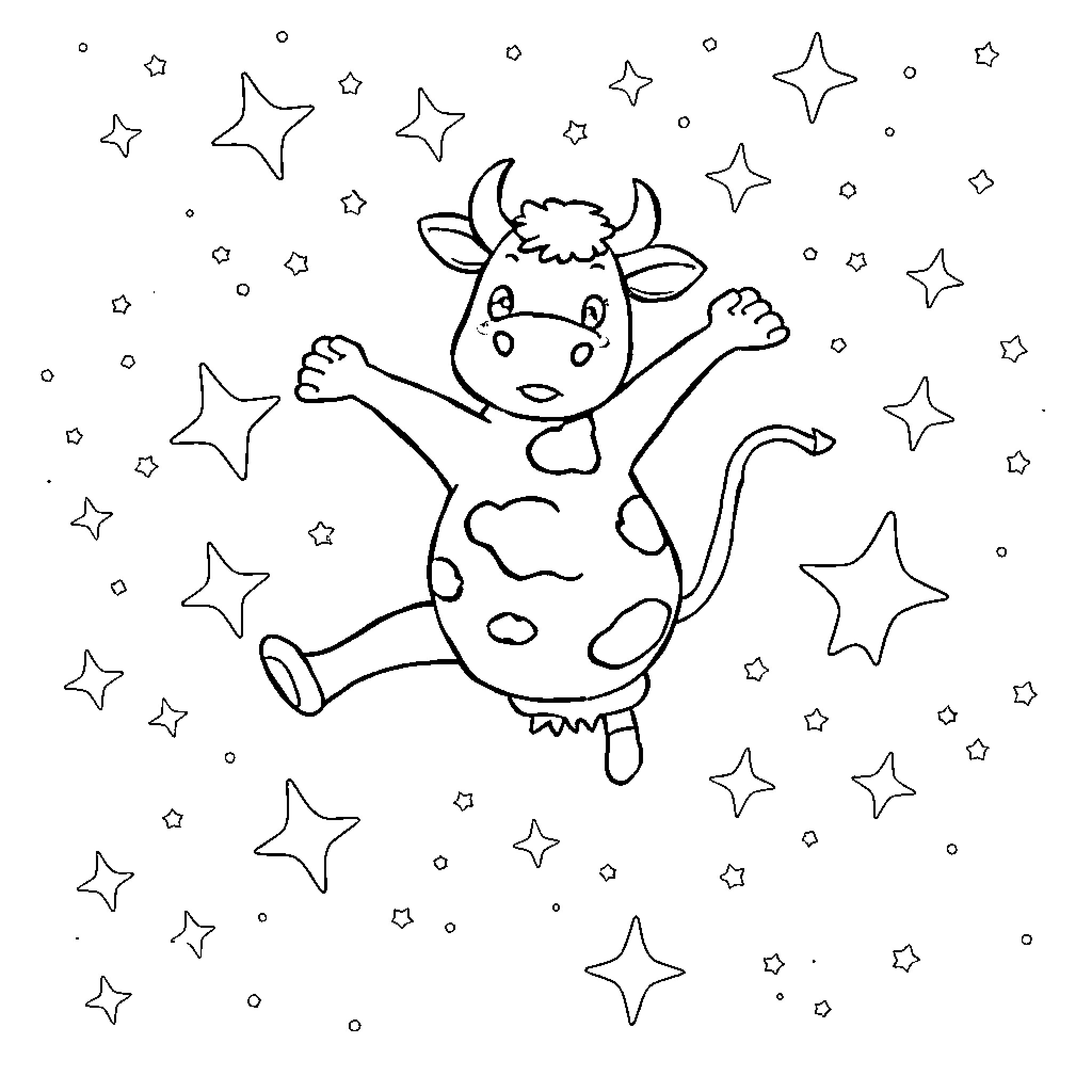 Cow playing joyfully among the stars Coloring Page (free black-and-white line drawing printable PDF for all, from beginners to advanced learners, including children, teens, adults, and seniors)