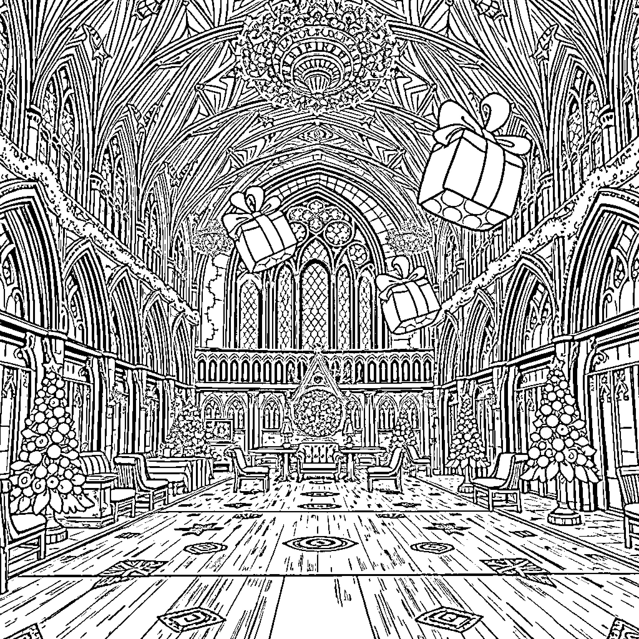 Gift of Elegance in Ornate Hall Coloring Page (free black-and-white line drawing printable PDF for all, from beginners to advanced learners, including children, teens, adults, and seniors)