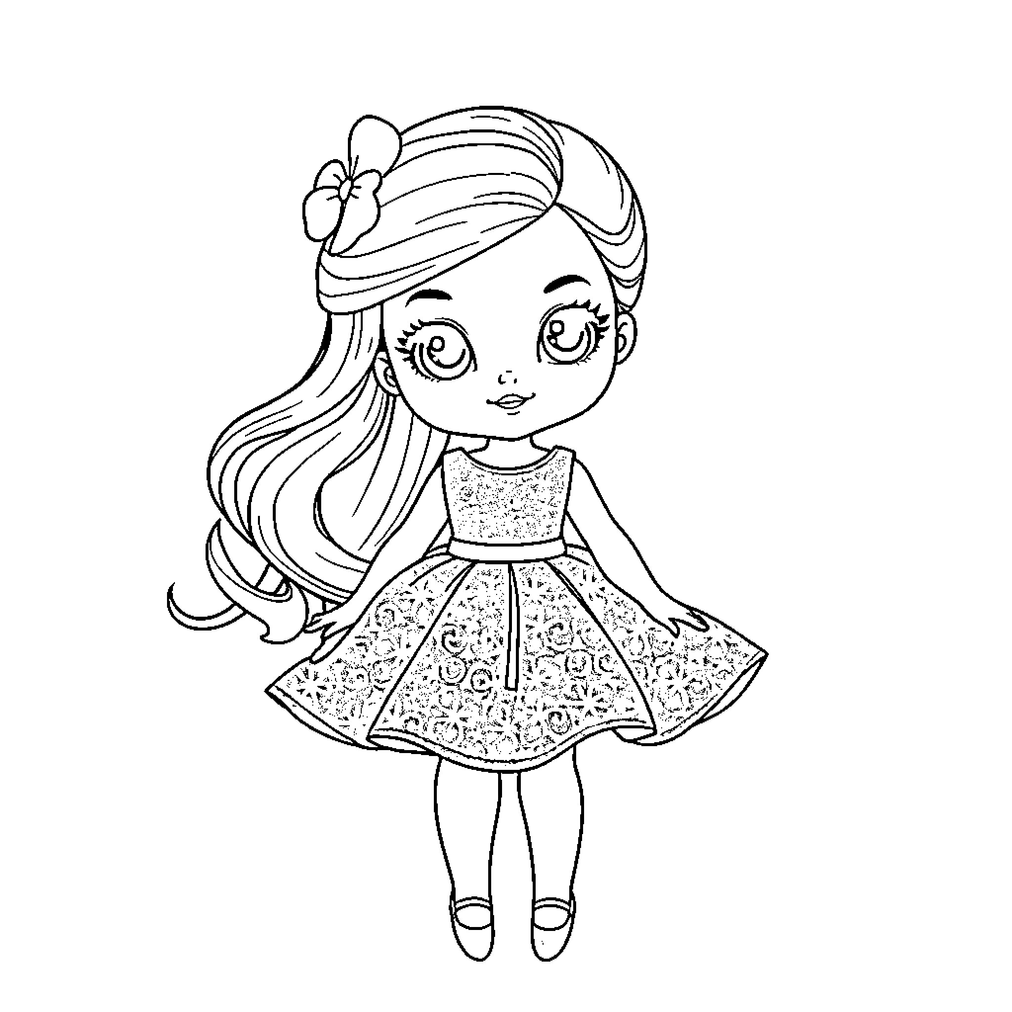 Barbie Doll in Floral Dress Posing Cheerfully Coloring Page (free black-and-white line drawing printable PDF for all, from beginners to advanced learners, including children, teens, adults, and seniors)