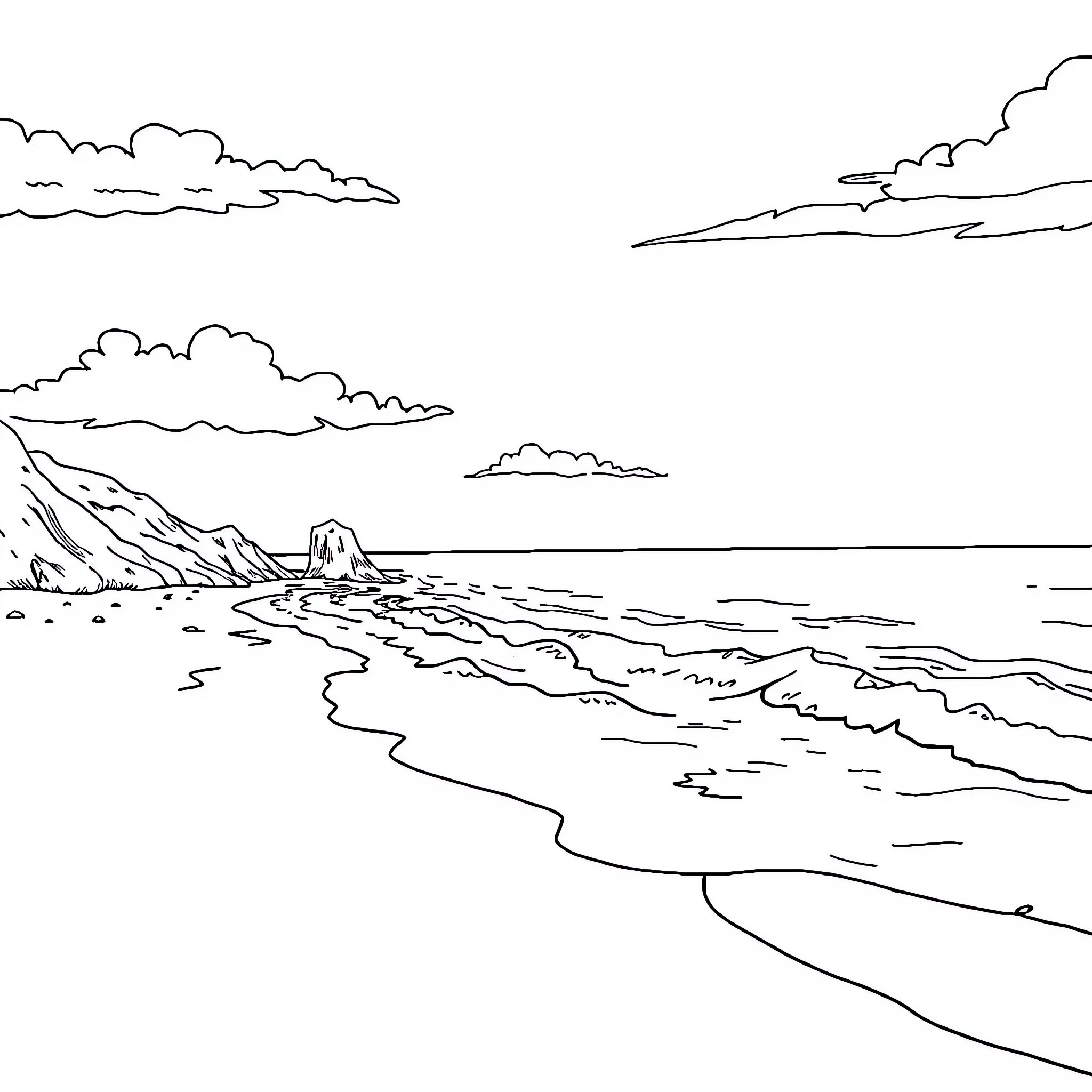 Beach landscape with cliffs and ocean waves Coloring Page (free black-and-white line drawing printable PDF for all, from beginners to advanced learners, including children, teens, adults, and seniors)