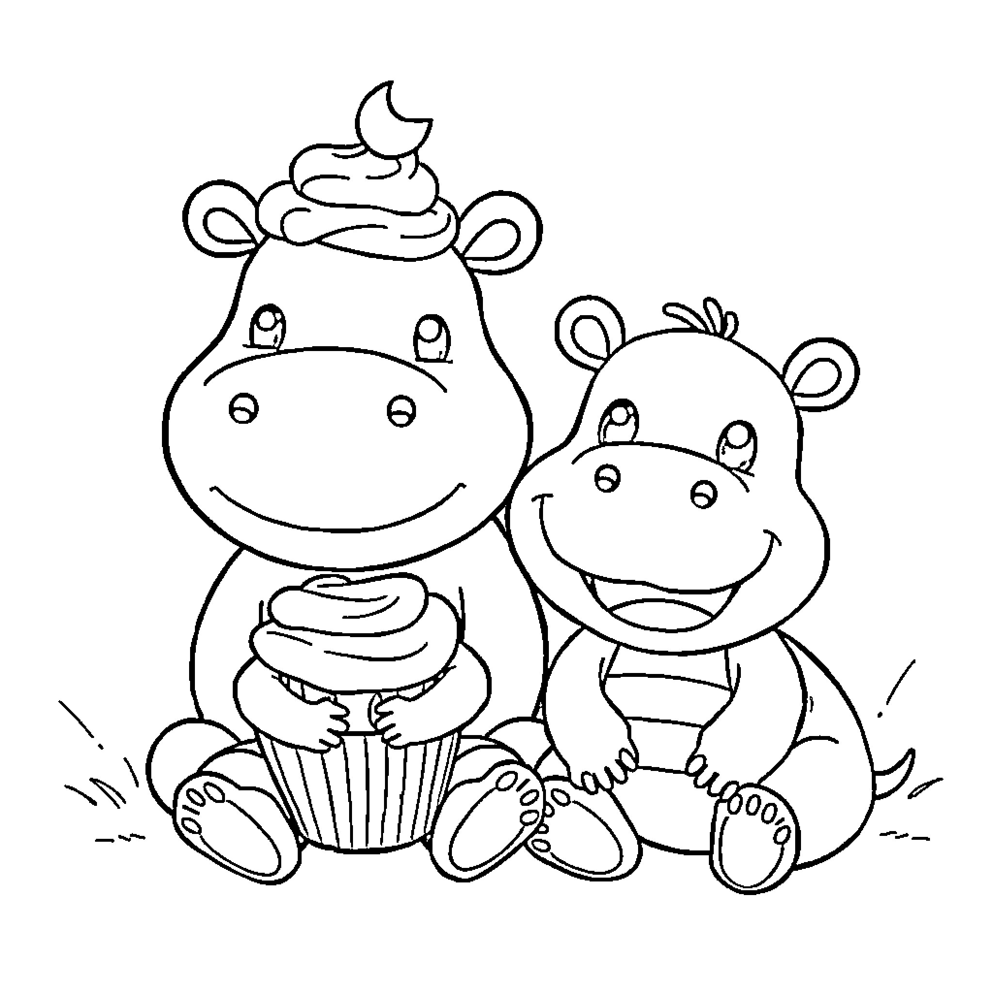 Cupcake Loving Hippo Pals Coloring Page (free black-and-white line drawing printable PDF for all, from beginners to advanced learners, including children, teens, adults, and seniors)