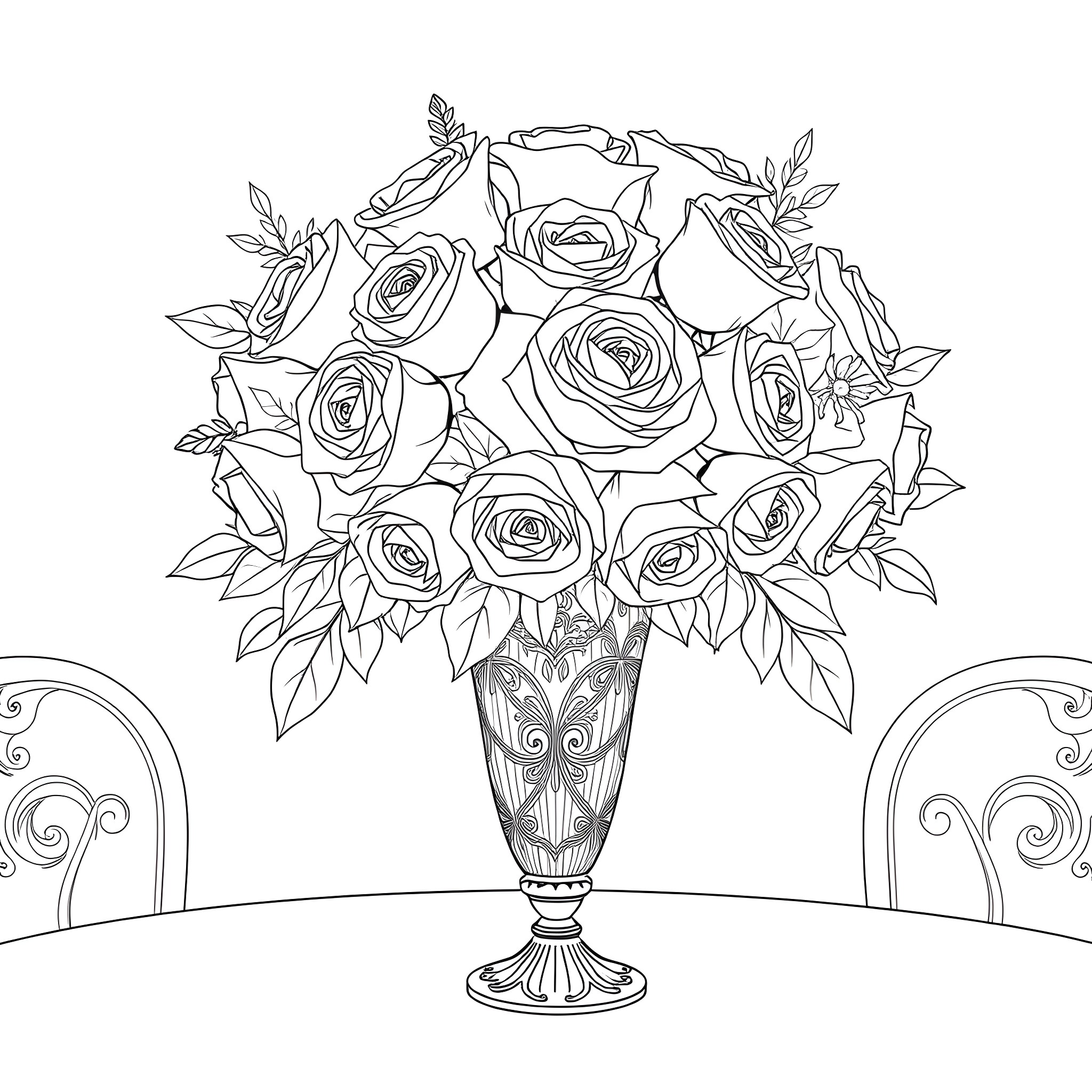 Rose Bouquet in Ornate Vase Coloring Page (free black-and-white line drawing printable PDF for all, from beginners to advanced learners, including children, teens, adults, and seniors)