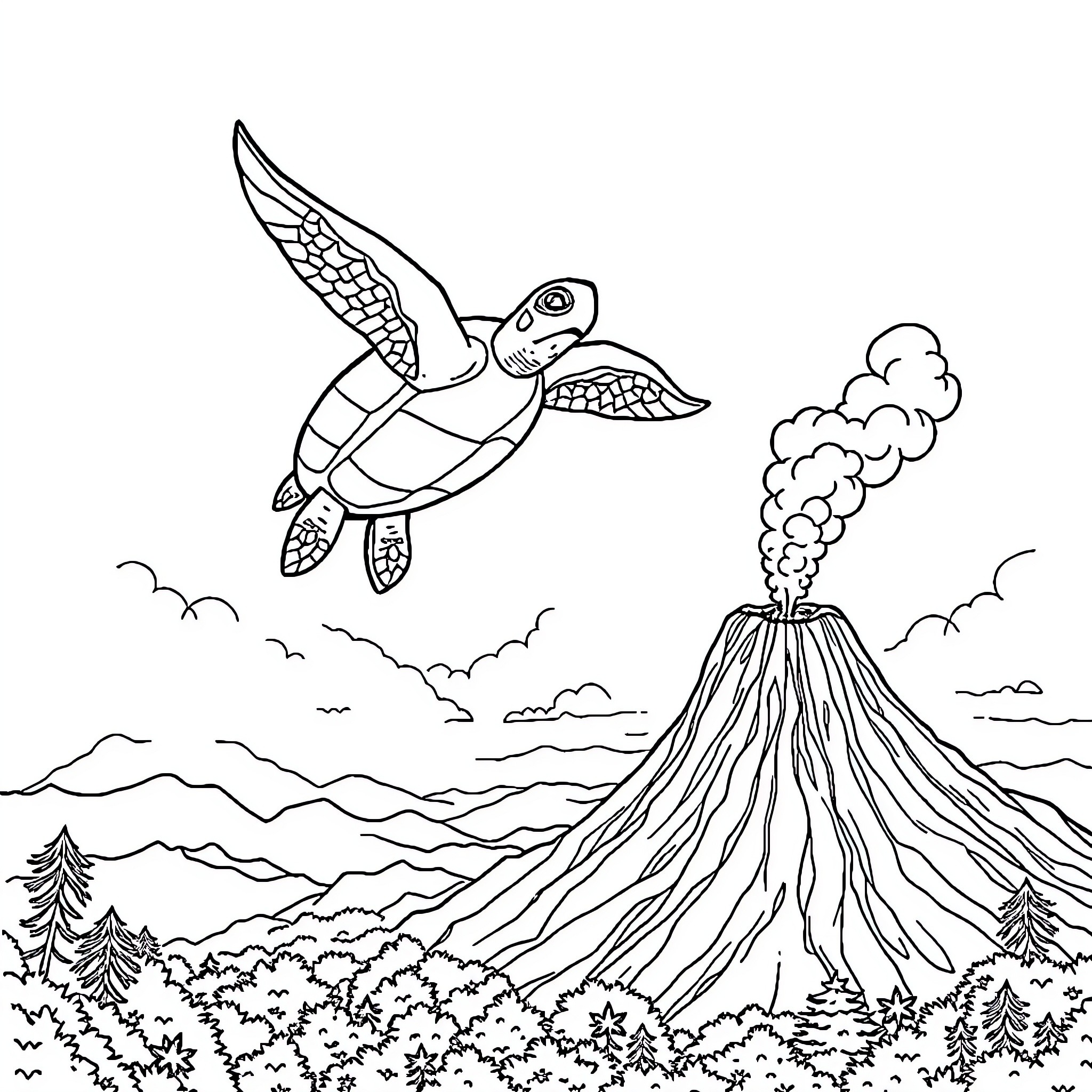 Flying Turtle Soaring Over Volcanic Eruption Coloring Page (free black-and-white line drawing printable PDF for all, from beginners to advanced learners, including children, teens, adults, and seniors)