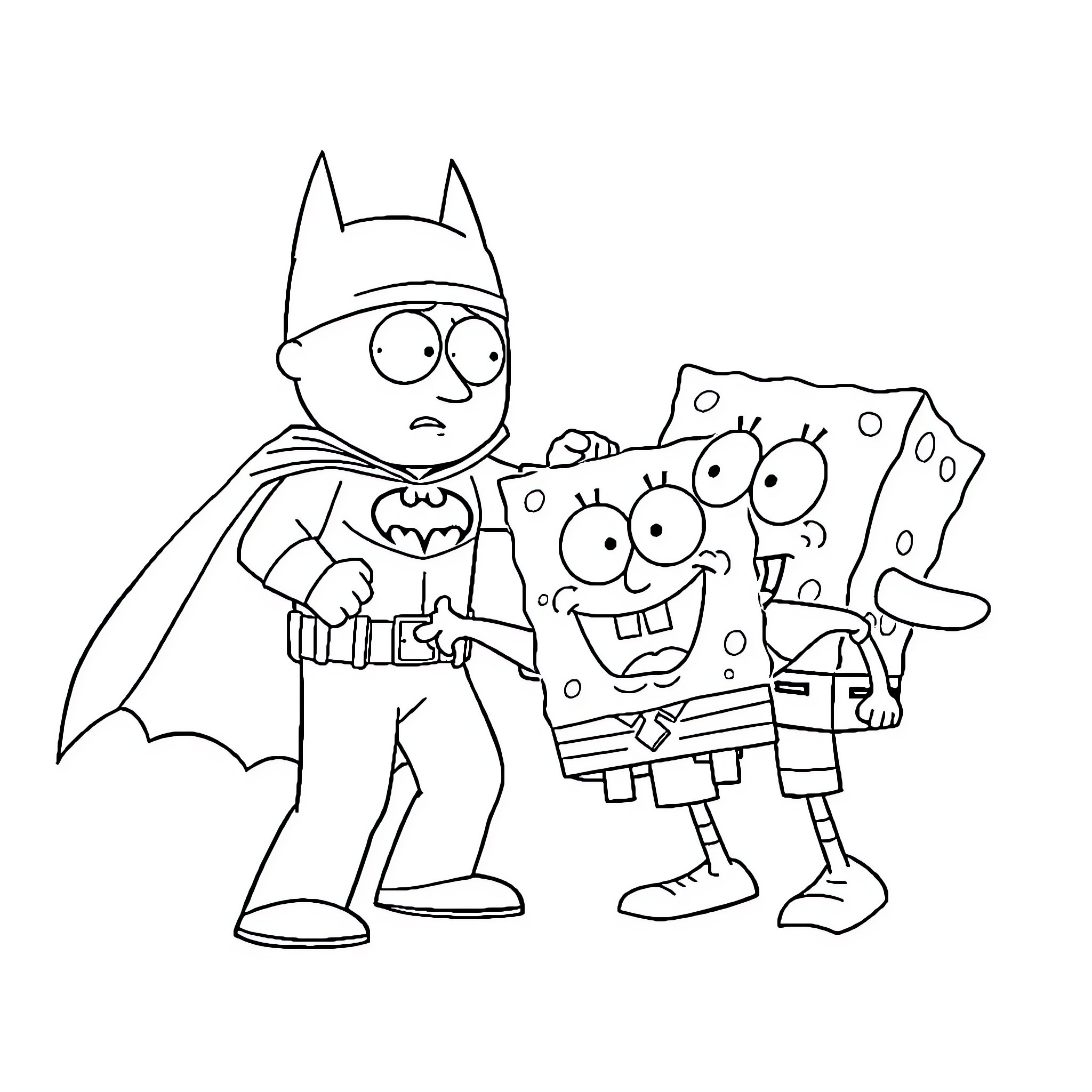 Eric Cartman as Batman with SpongeBob SquarePants Coloring Page (free black-and-white line drawing printable PDF for all, from beginners to advanced learners, including children, teens, adults, and seniors)