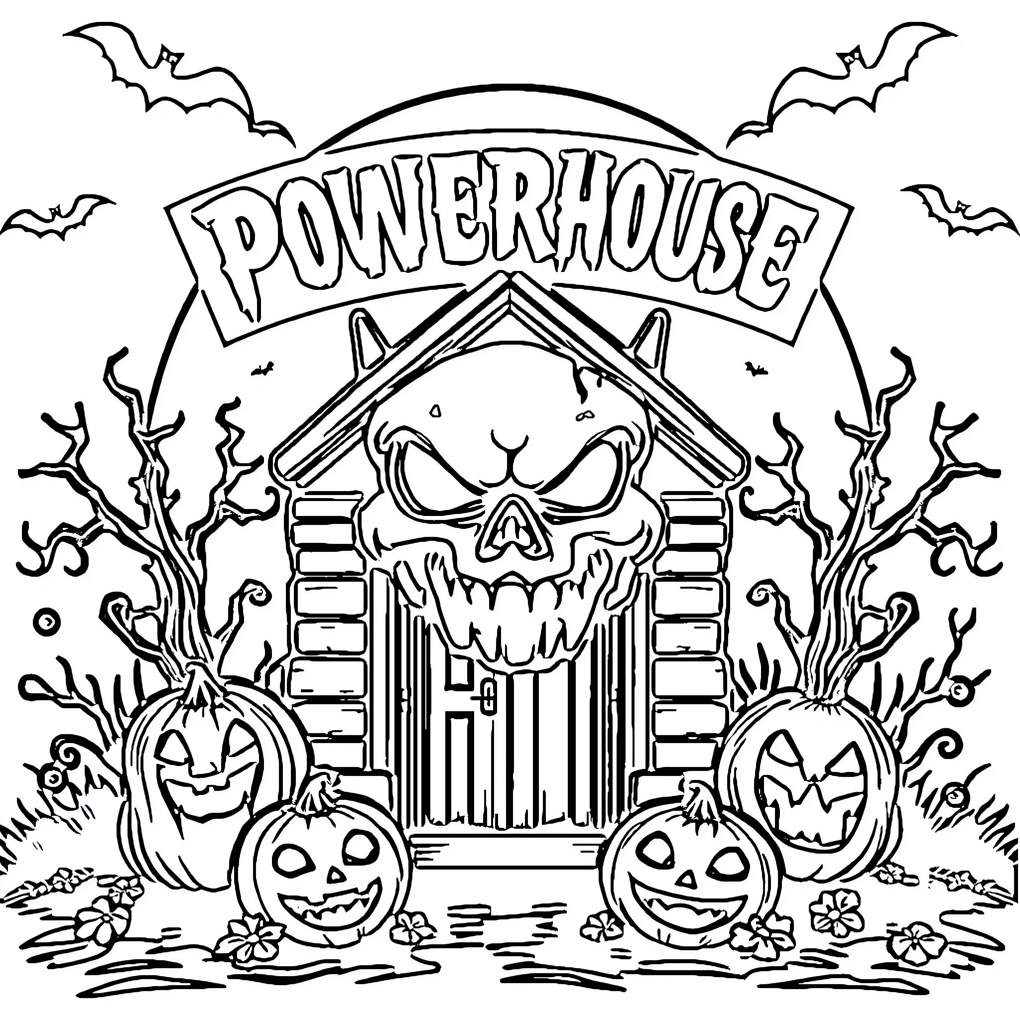 Gym Logo Featuring Haunted House and Spooky Decorations Coloring Page (free black-and-white line drawing printable PDF for all, from beginners to advanced learners, including children, teens, adults, and seniors)