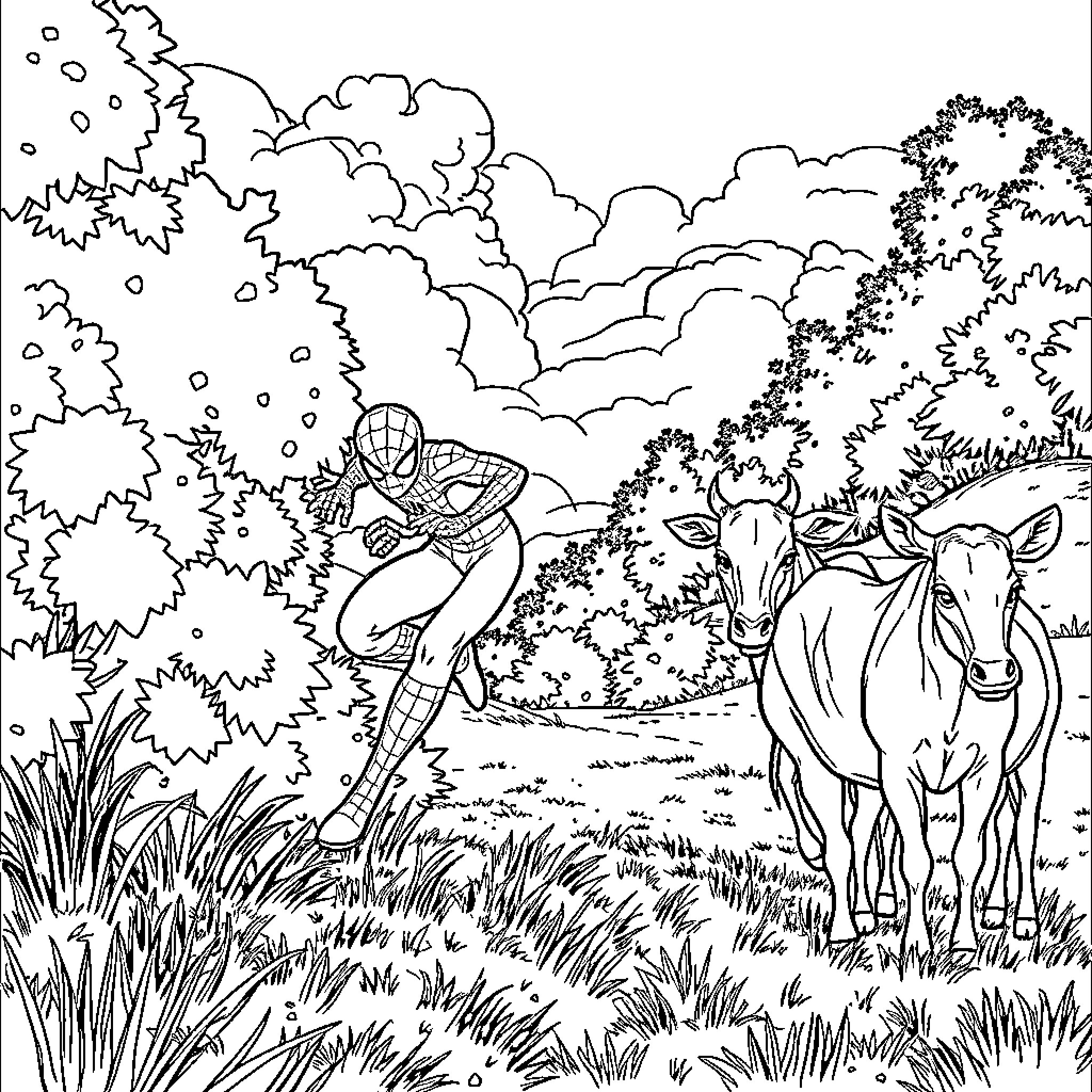 Spiderman swinging through a nature-filled landscape Coloring Page (free black-and-white line drawing printable PDF for all, from beginners to advanced learners, including children, teens, adults, and seniors)