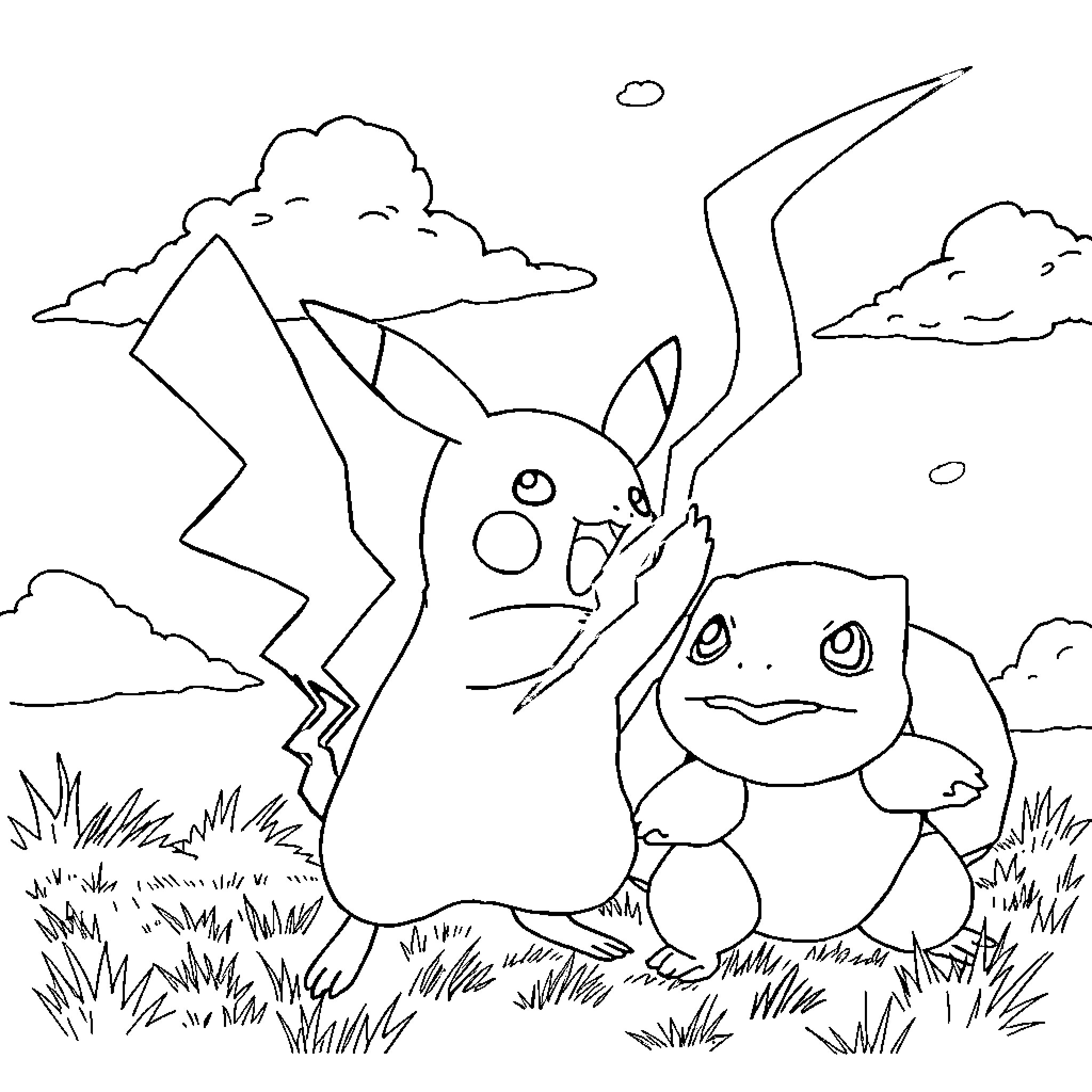Pikachu battling with Bulbasaur in the meadow Coloring Page (free black-and-white line drawing printable PDF for all, from beginners to advanced learners, including children, teens, adults, and seniors)