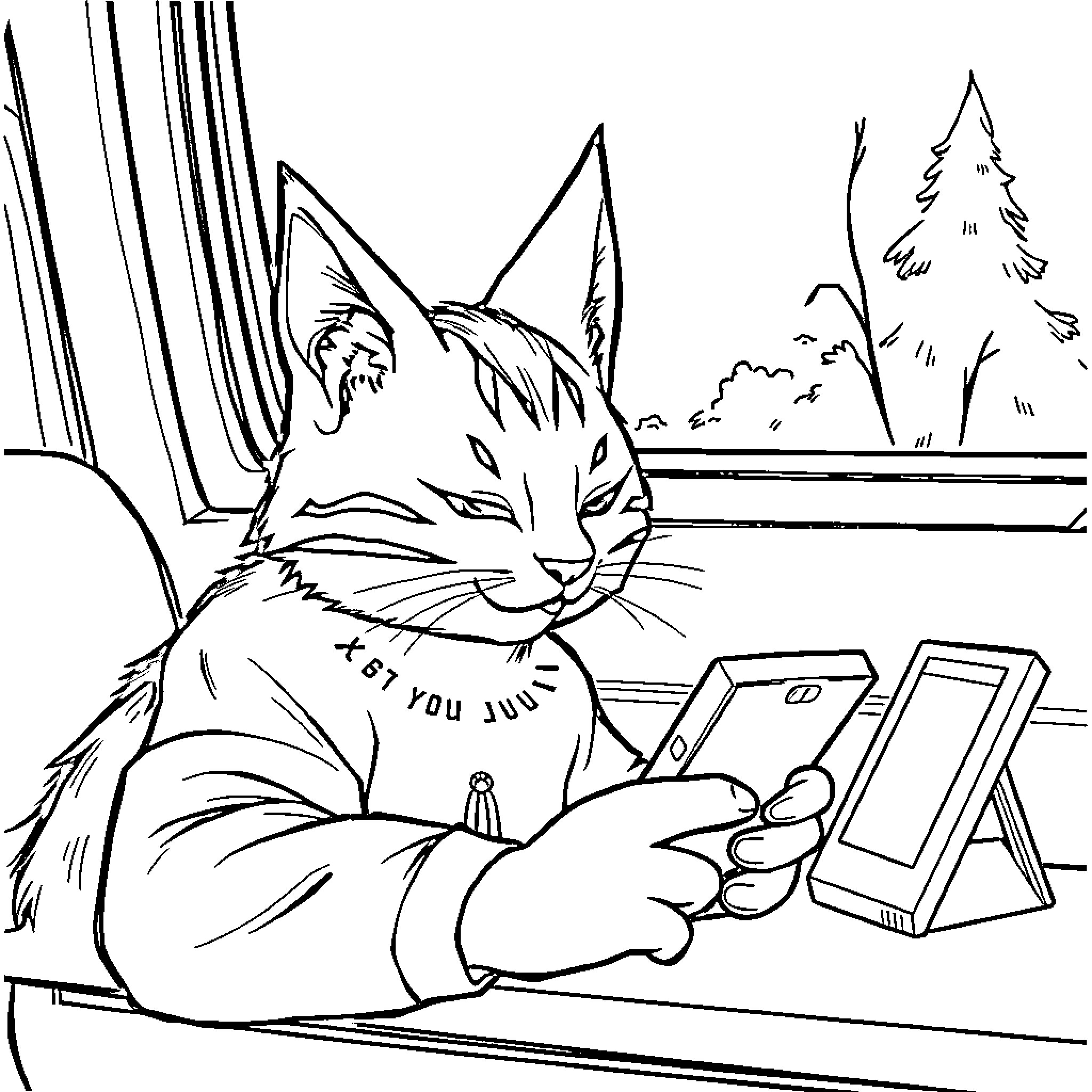 Isagi, the curious cat, examines a tablet device Coloring Page (free black-and-white line drawing printable PDF for all, from beginners to advanced learners, including children, teens, adults, and seniors)