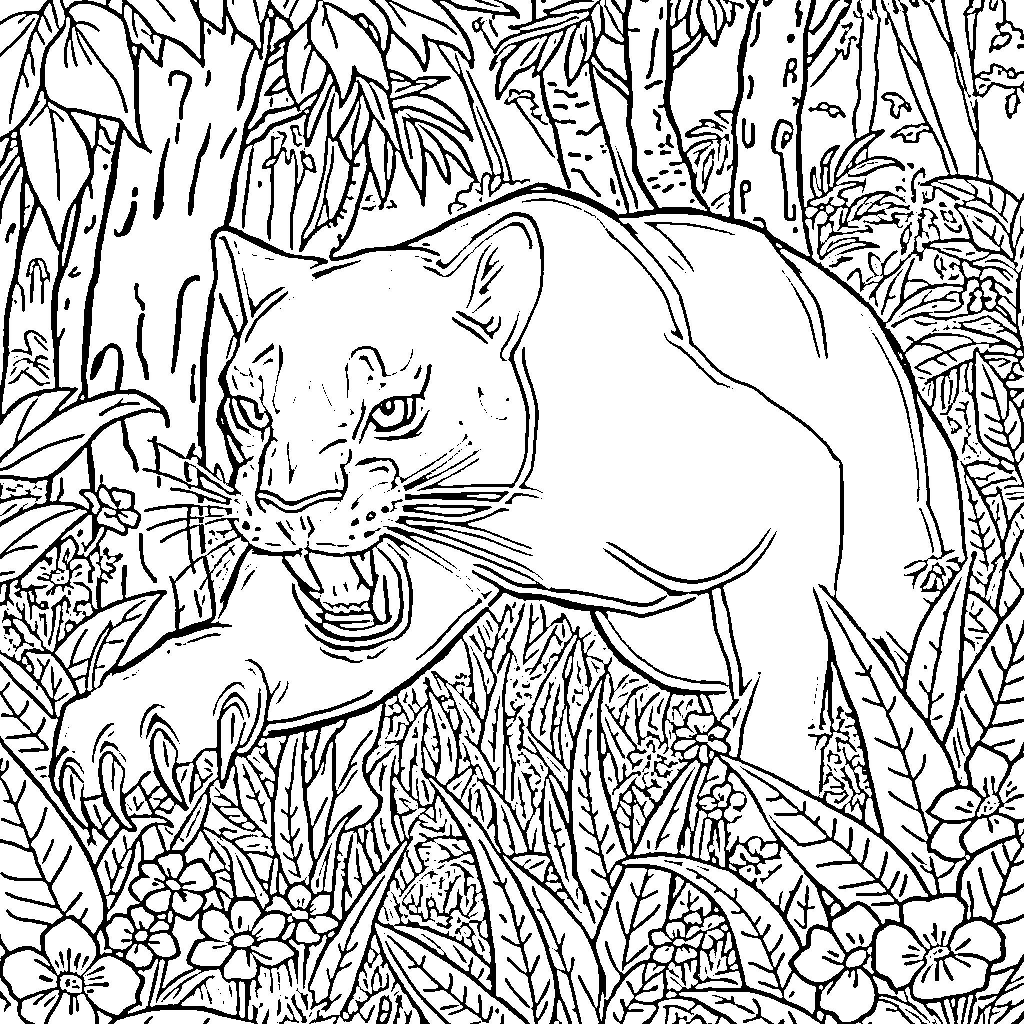 Panther Stalking Through Lush Forest Foliage Coloring Page (free black-and-white line drawing printable PDF for all, from beginners to advanced learners, including children, teens, adults, and seniors)