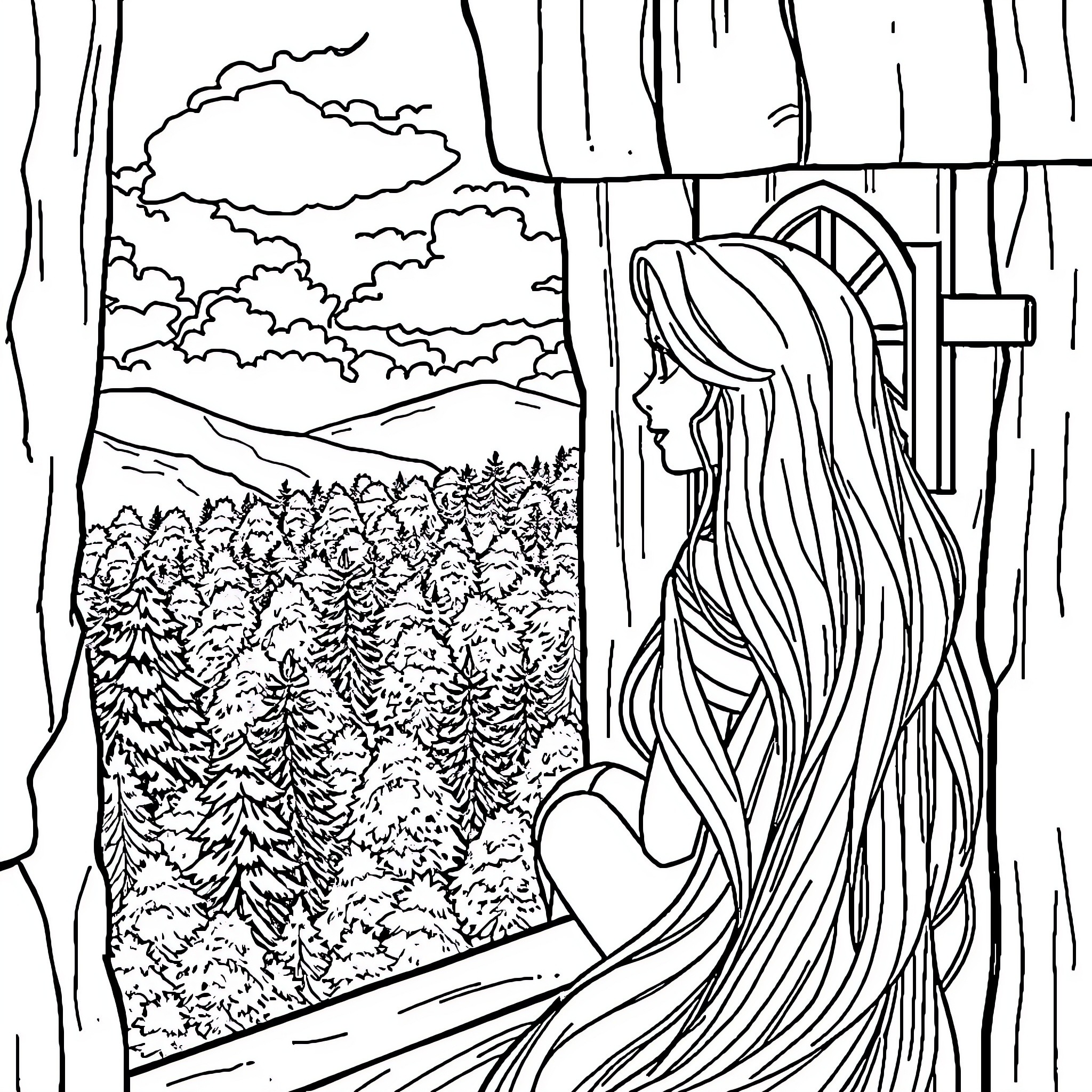 Rapunzel looking out from her tower window Coloring Page (free black-and-white line drawing printable PDF for all, from beginners to advanced learners, including children, teens, adults, and seniors)