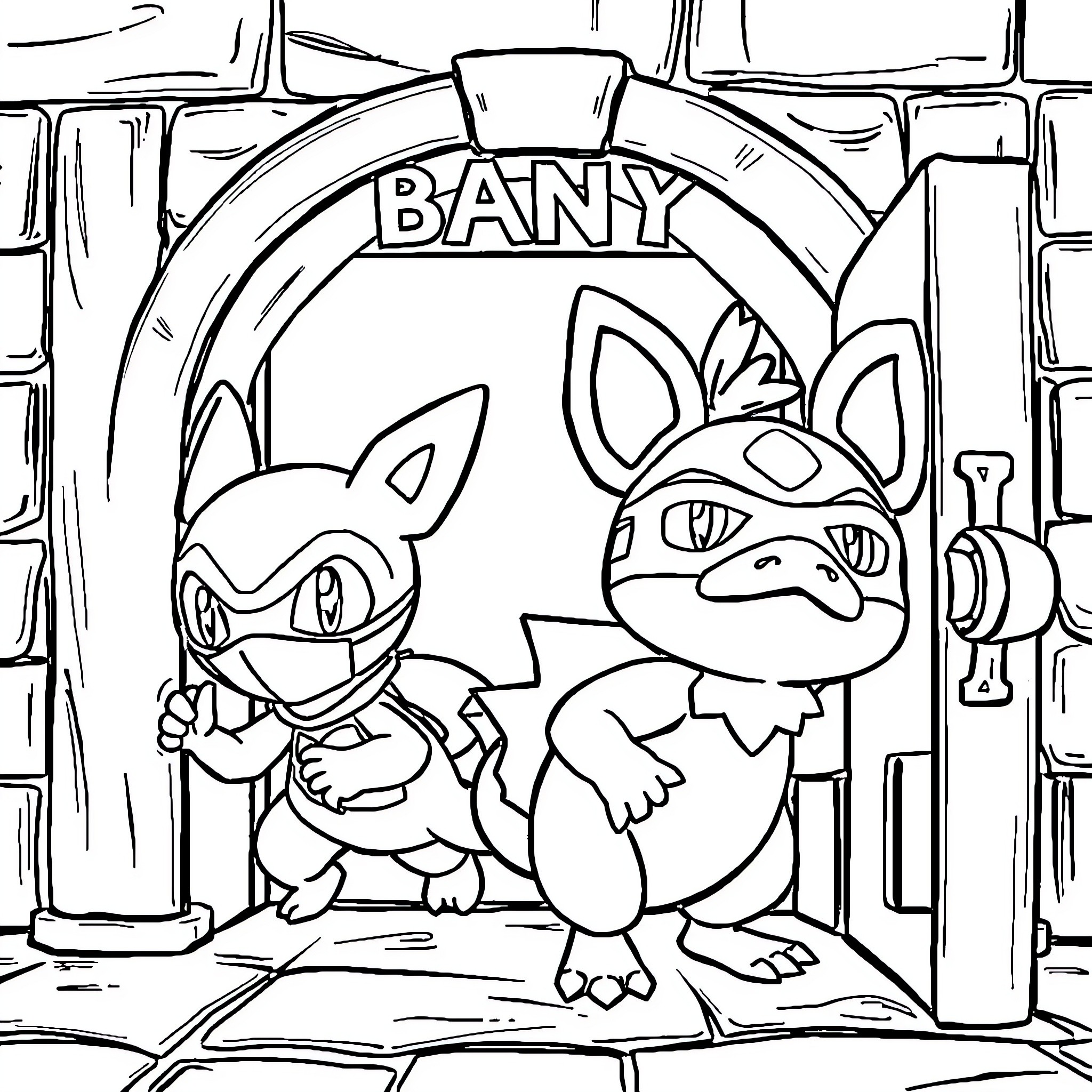 Oshawott exploring the Bany shop Coloring Page (free black-and-white line drawing printable PDF for all, from beginners to advanced learners, including children, teens, adults, and seniors)