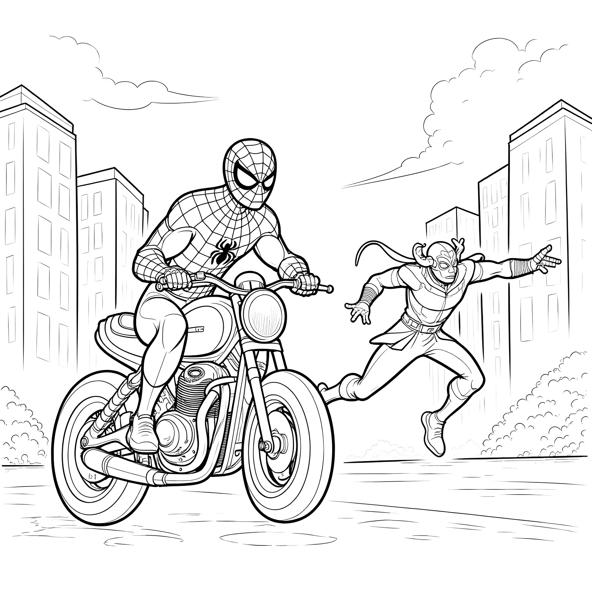 Spiderman chasing a villain on a motorcycle in the city Coloring Page (free black-and-white line drawing printable PDF for all, from beginners to advanced learners, including children, teens, adults, and seniors)