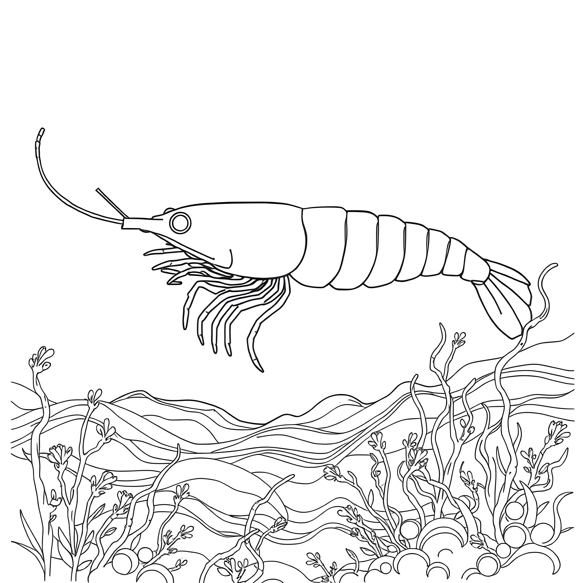 Shrimp swimming among underwater plants Coloring Page (free black-and-white line drawing printable PDF for all, from beginners to advanced learners, including children, teens, adults, and seniors)