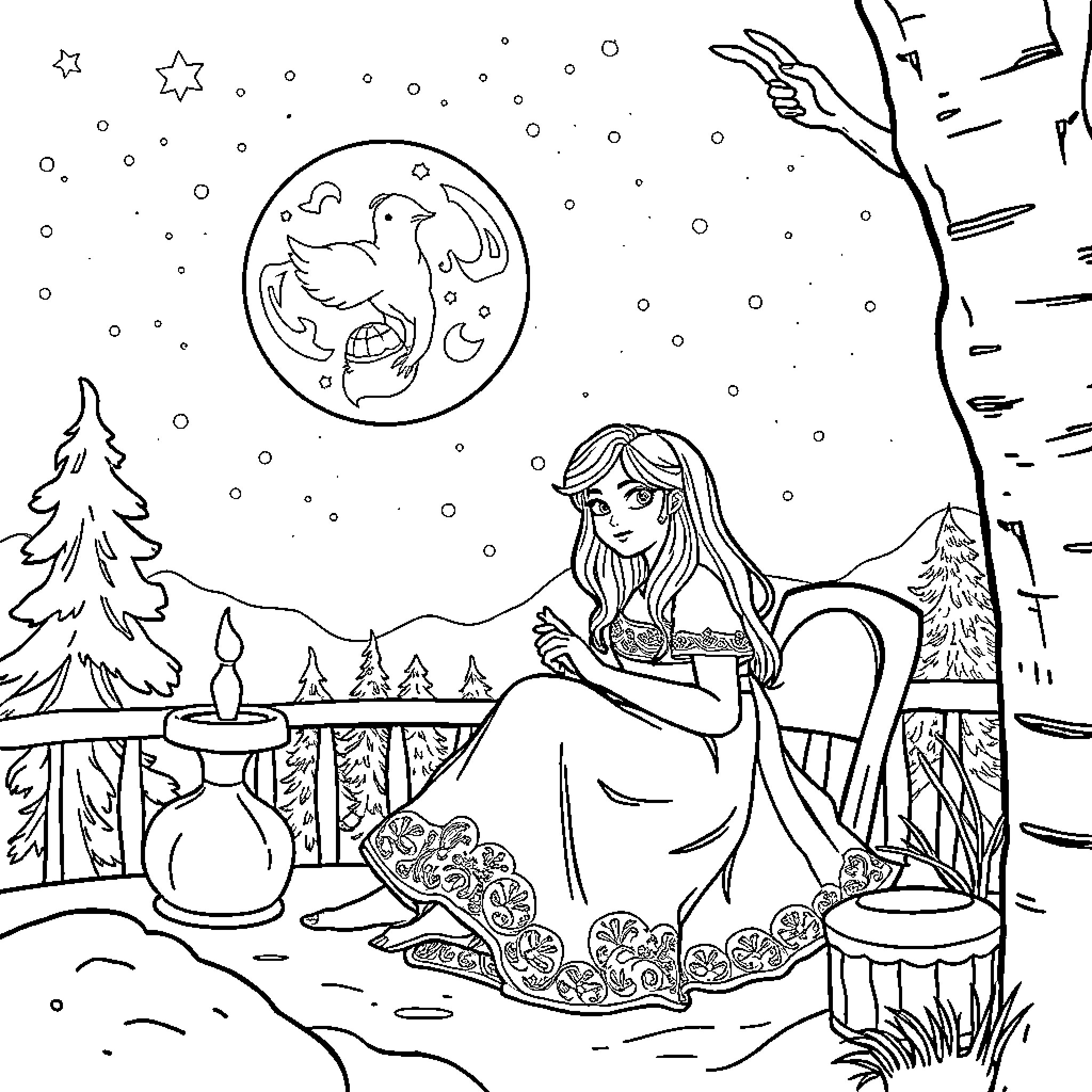 Elza's Enchanted Winter Wonderland Coloring Page (free black-and-white line drawing printable PDF for all, from beginners to advanced learners, including children, teens, adults, and seniors)
