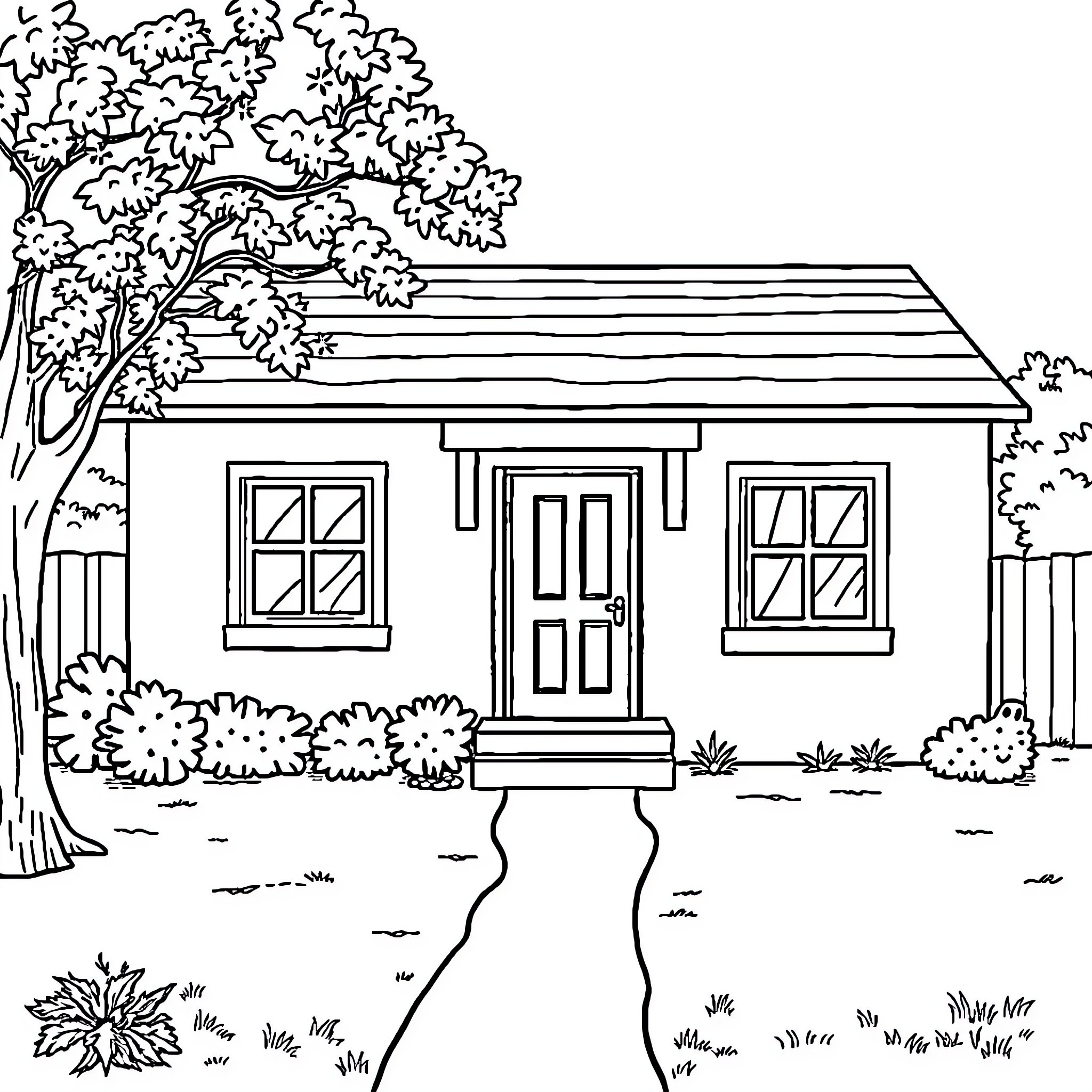 Home with a cozy cabin and scenic landscape Coloring Page (free black-and-white line drawing printable PDF for all, from beginners to advanced learners, including children, teens, adults, and seniors)