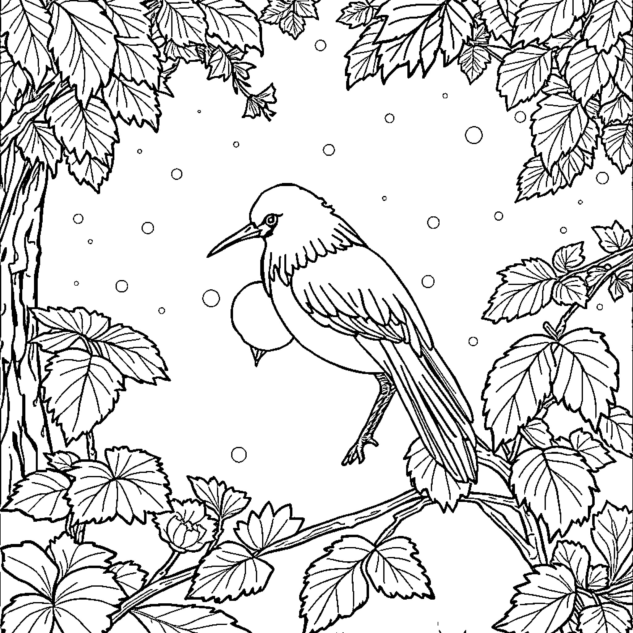 Raspberry bird perched amidst autumn leaves Coloring Page (free black-and-white line drawing printable PDF for all, from beginners to advanced learners, including children, teens, adults, and seniors)