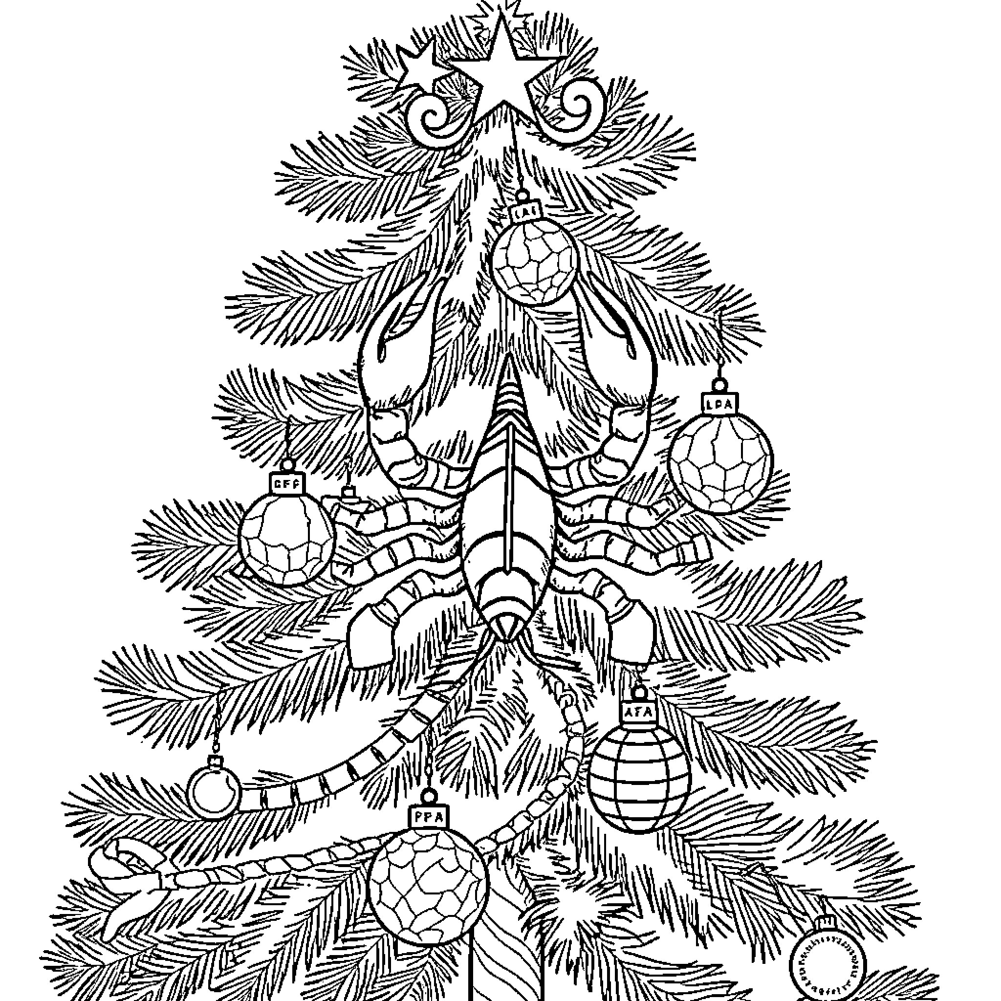 Scorpion adorned Christmas tree Coloring Page (free black-and-white line drawing printable PDF for all, from beginners to advanced learners, including children, teens, adults, and seniors)