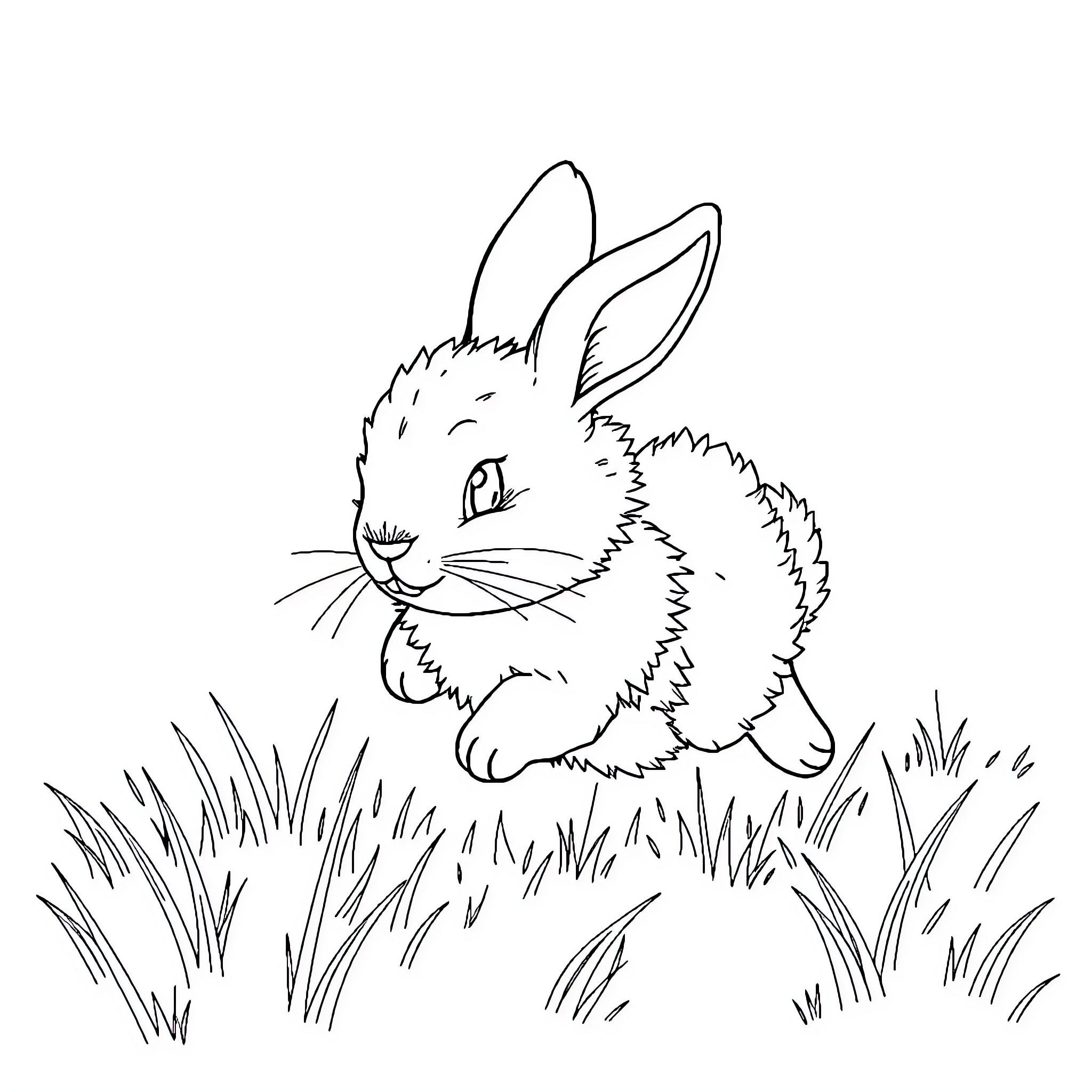 Rabbit resting peacefully in the meadow Coloring Page (free black-and-white line drawing printable PDF for all, from beginners to advanced learners, including children, teens, adults, and seniors)