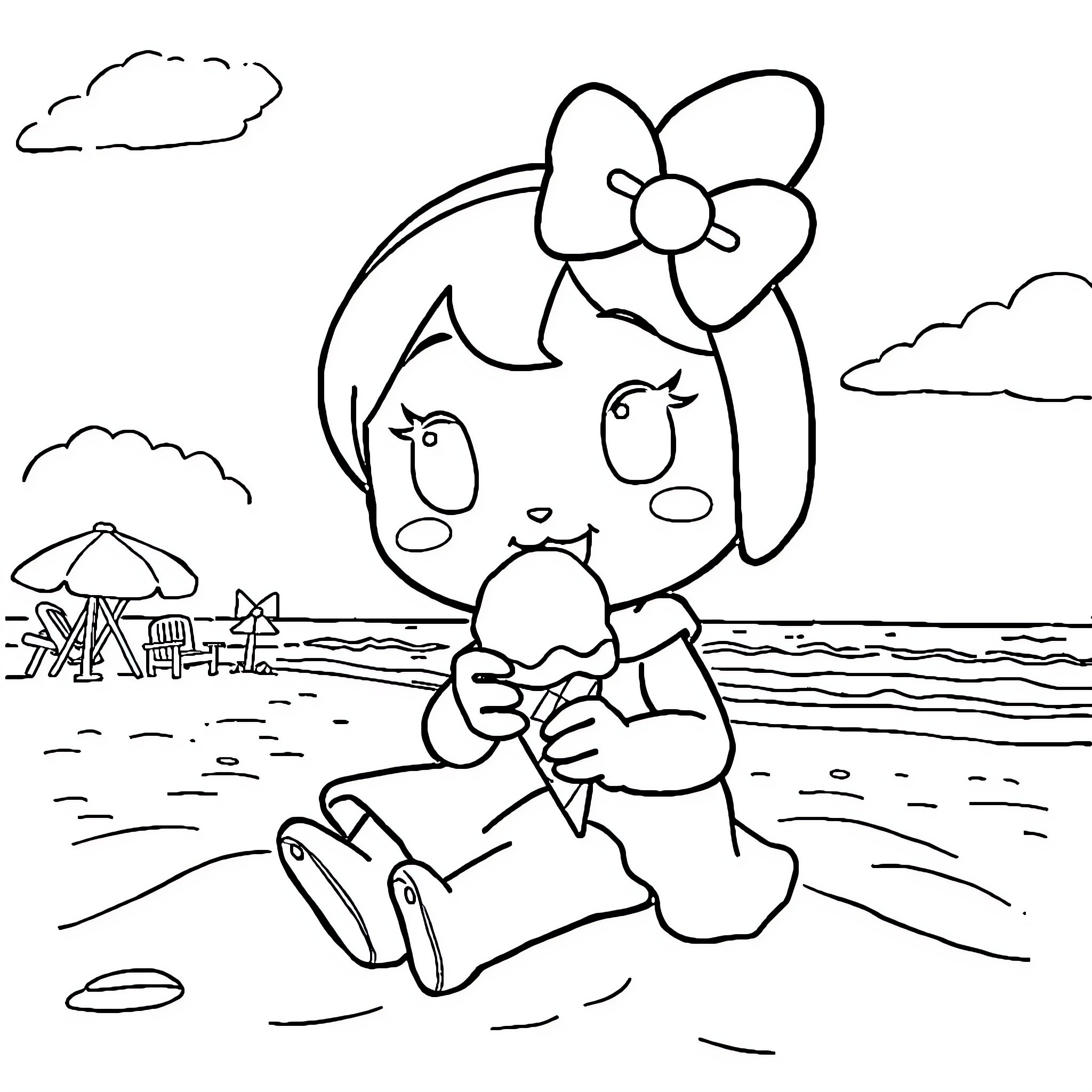 My Melody Playing by the Beach Coloring Page (free black-and-white line drawing printable PDF for all, from beginners to advanced learners, including children, teens, adults, and seniors)
