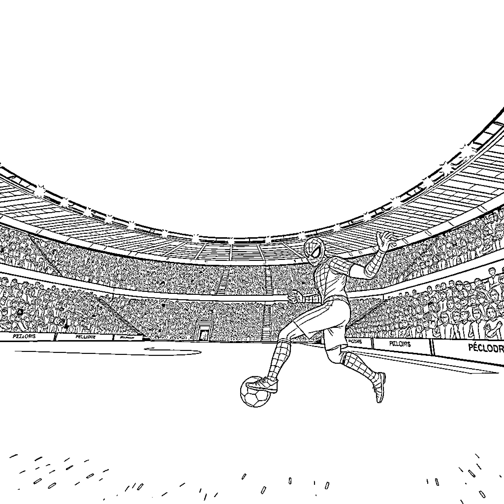 Spiderman swinging through a stadium arena Coloring Page (free black-and-white line drawing printable PDF for all, from beginners to advanced learners, including children, teens, adults, and seniors)