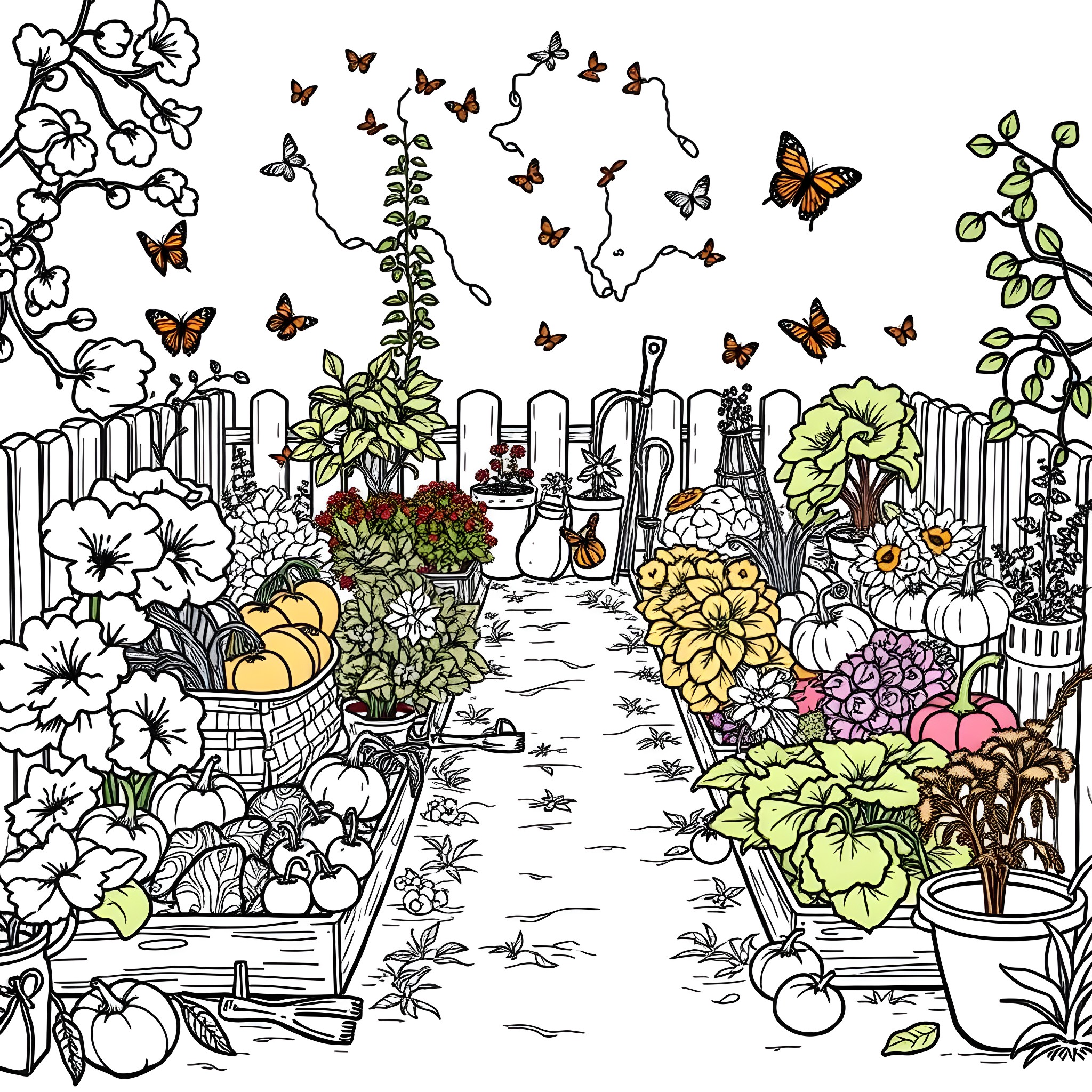Vegetable Garden with Blooming Flowers and Butterflies Coloring Page (free black-and-white line drawing printable PDF for all, from beginners to advanced learners, including children, teens, adults, and seniors)