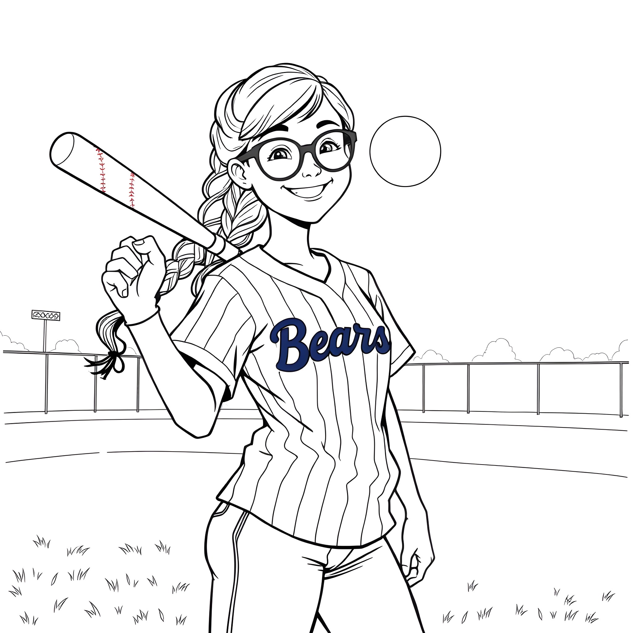 Softball Girl Smiling and Holding Bat on Field Coloring Page (free black-and-white line drawing printable PDF for all, from beginners to advanced learners, including children, teens, adults, and seniors)