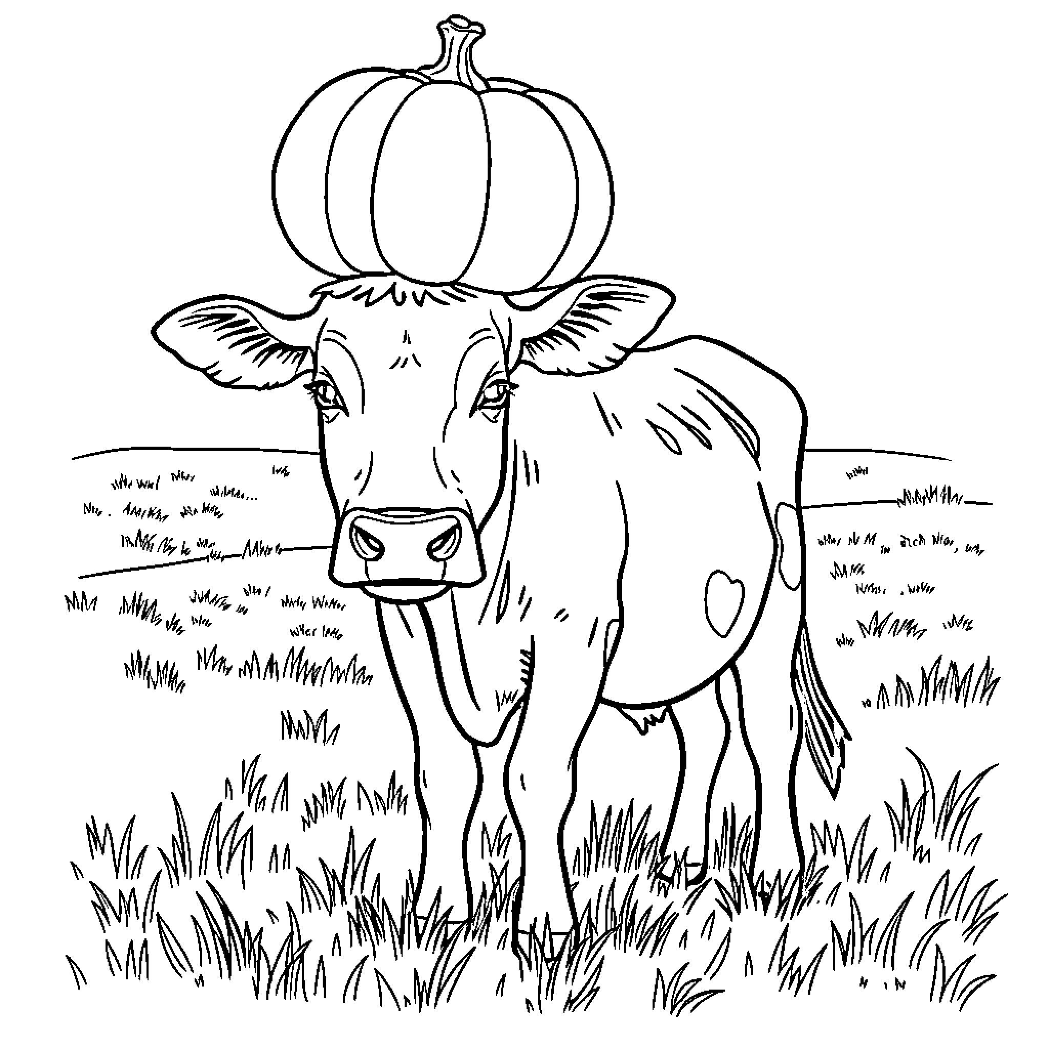 Cow with pumpkin-shaped hat in the field Coloring Page (free black-and-white line drawing printable PDF for all, from beginners to advanced learners, including children, teens, adults, and seniors)