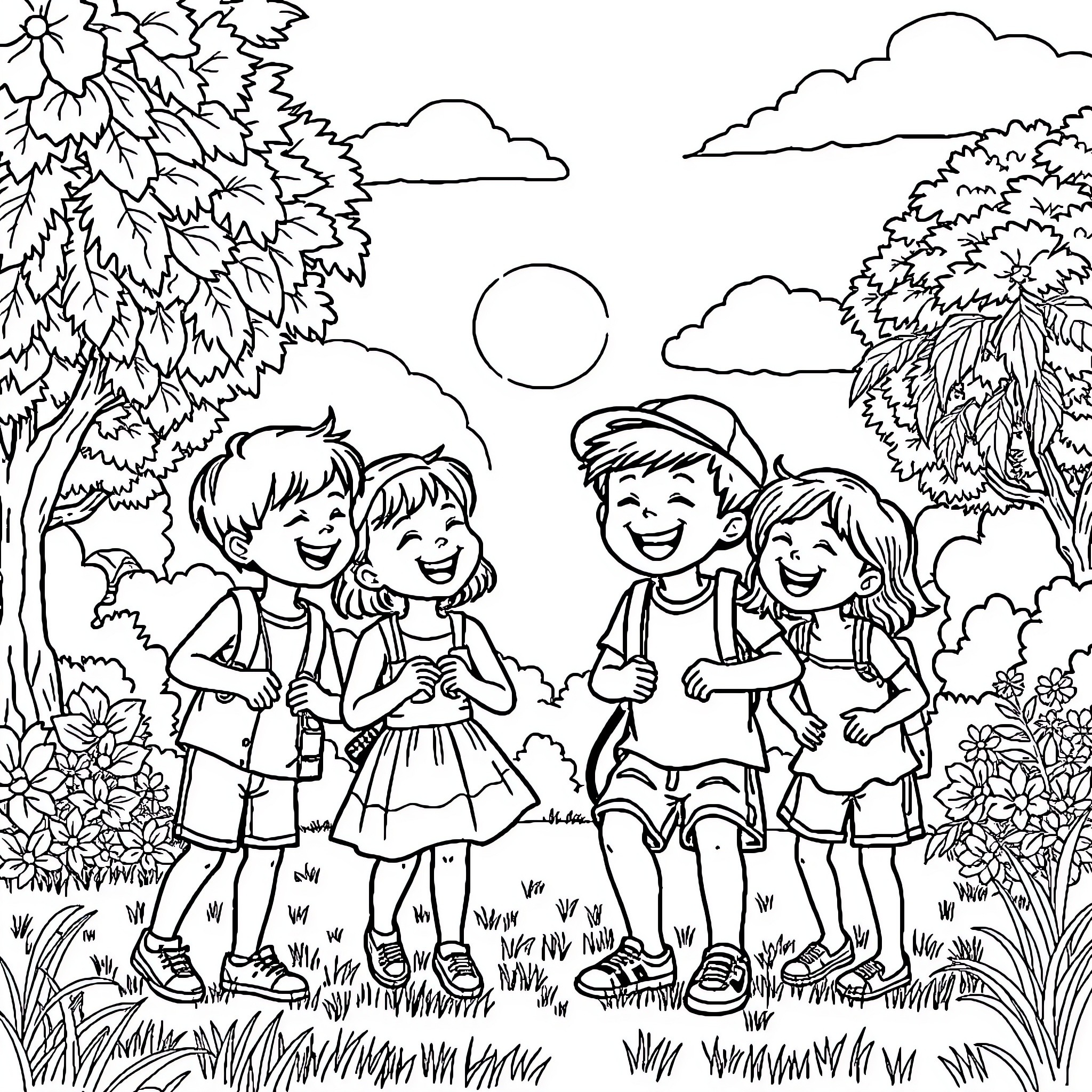 Kid friends enjoying outdoors in sunny nature Coloring Page (free black-and-white line drawing printable PDF for all, from beginners to advanced learners, including children, teens, adults, and seniors)