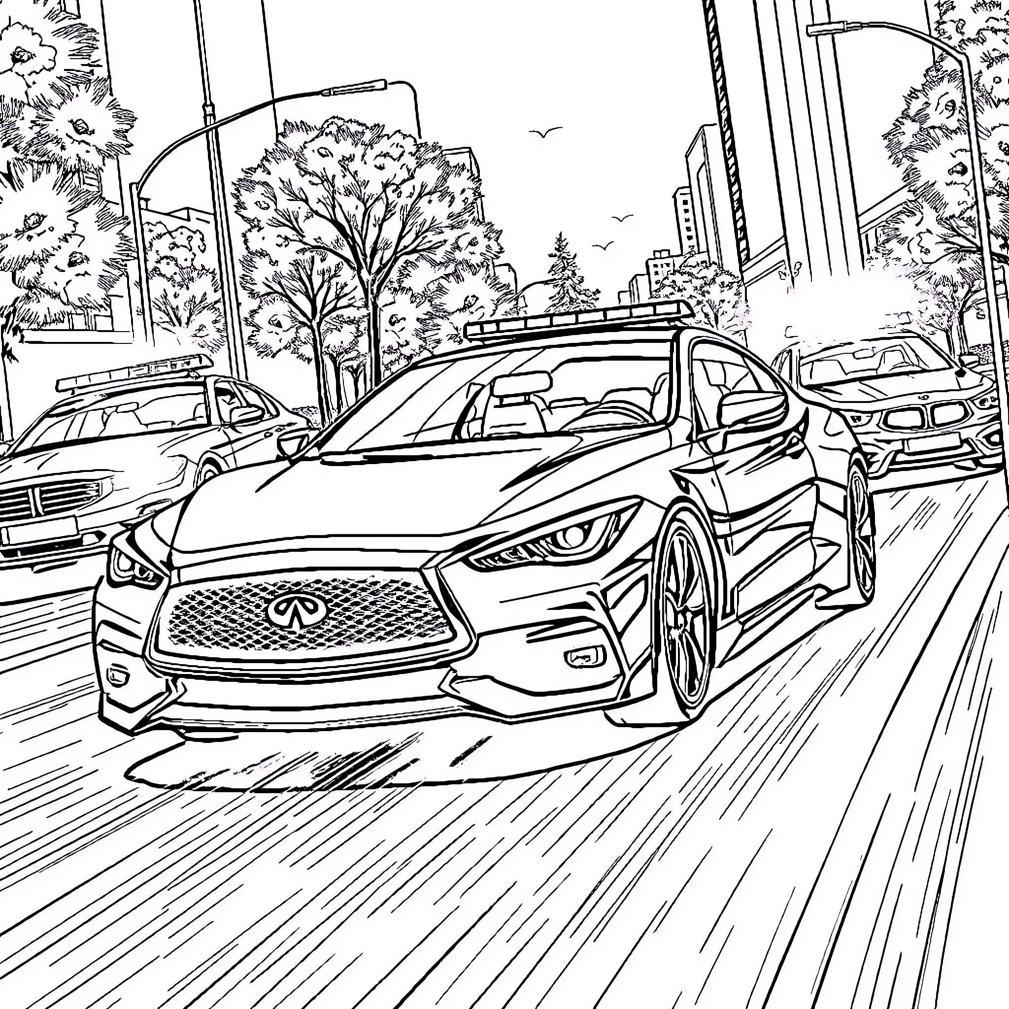 Car racing through the city streets Coloring Page (free black-and-white line drawing printable PDF for all, from beginners to advanced learners, including children, teens, adults, and seniors)