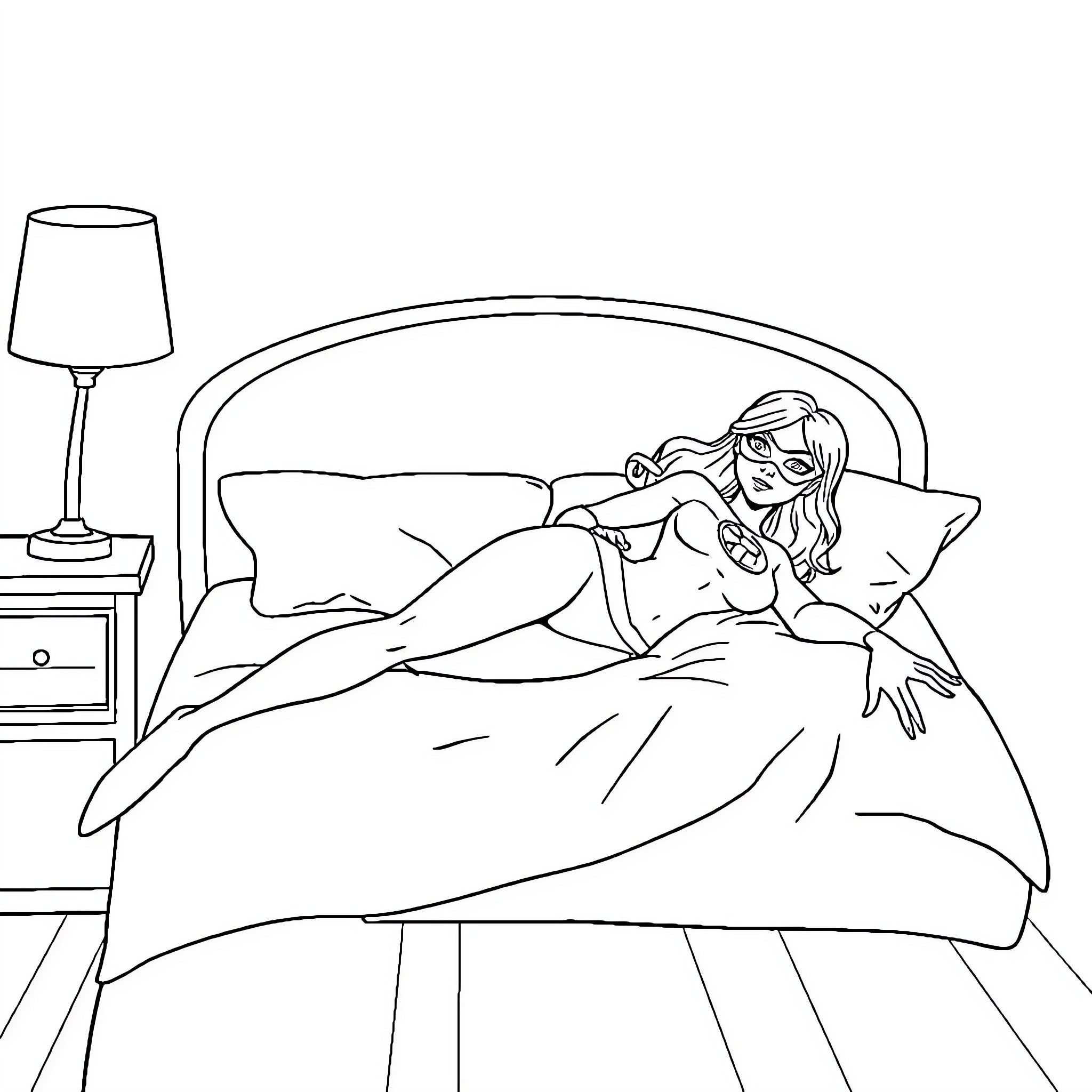 Elastigirl relaxing comfortably in her bedroom Coloring Page (free black-and-white line drawing printable PDF for all, from beginners to advanced learners, including children, teens, adults, and seniors)