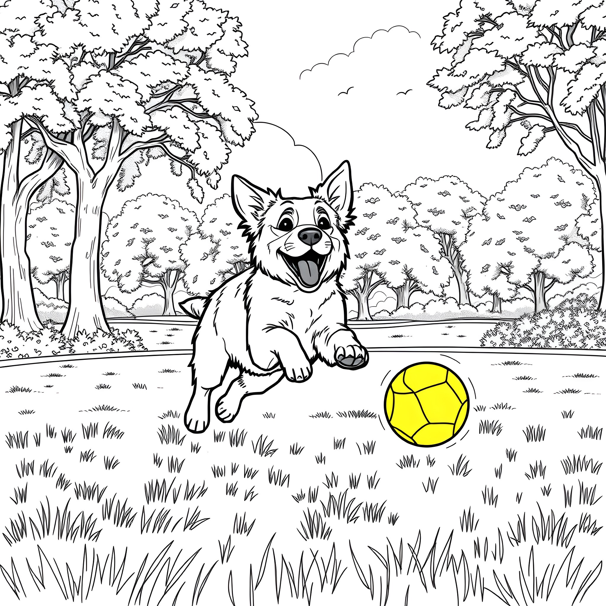 Dog playing happily with a ball in the park Coloring Page (free black-and-white line drawing printable PDF for all, from beginners to advanced learners, including children, teens, adults, and seniors)