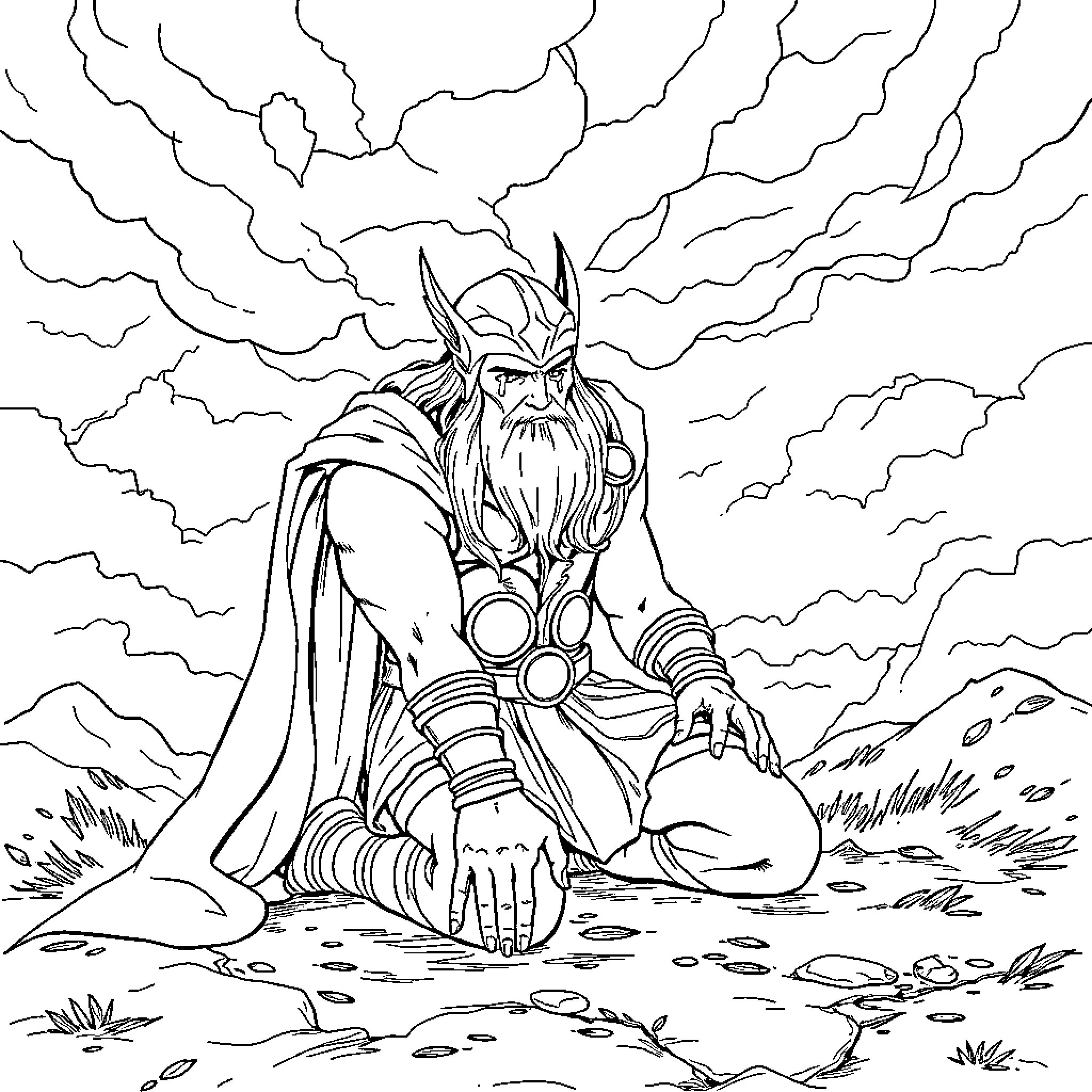 Thor Unleashing Thunderstorm on a Rugged Landscape Coloring Page (free black-and-white line drawing printable PDF for all, from beginners to advanced learners, including children, teens, adults, and seniors)