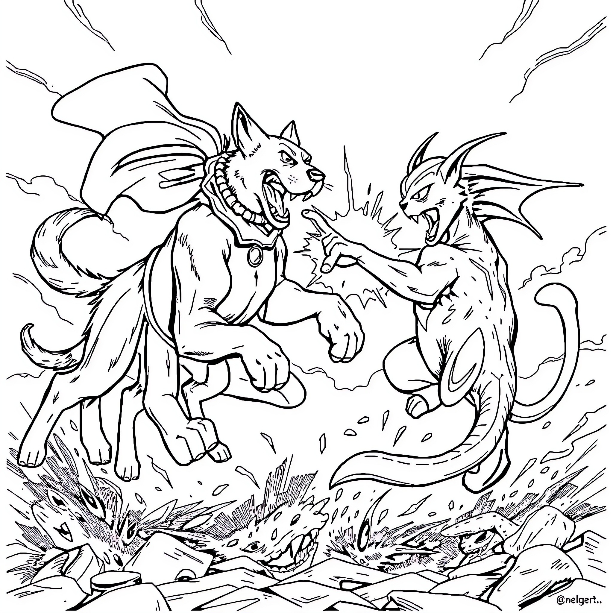 Superdog battling fierce creatures in the wild Coloring Page (free black-and-white line drawing printable PDF for all, from beginners to advanced learners, including children, teens, adults, and seniors)