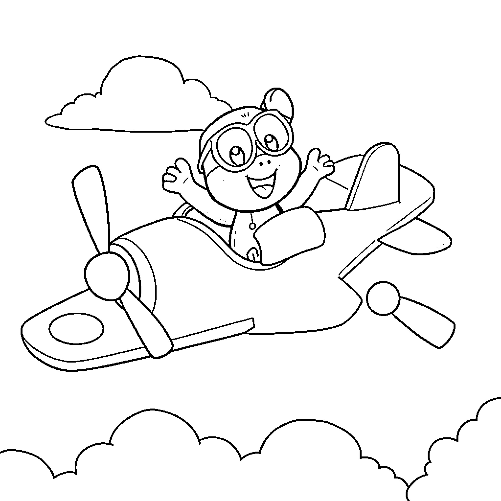 Bluey flying an airplane above the clouds Coloring Page (free black-and-white line drawing printable PDF for all, from beginners to advanced learners, including children, teens, adults, and seniors)