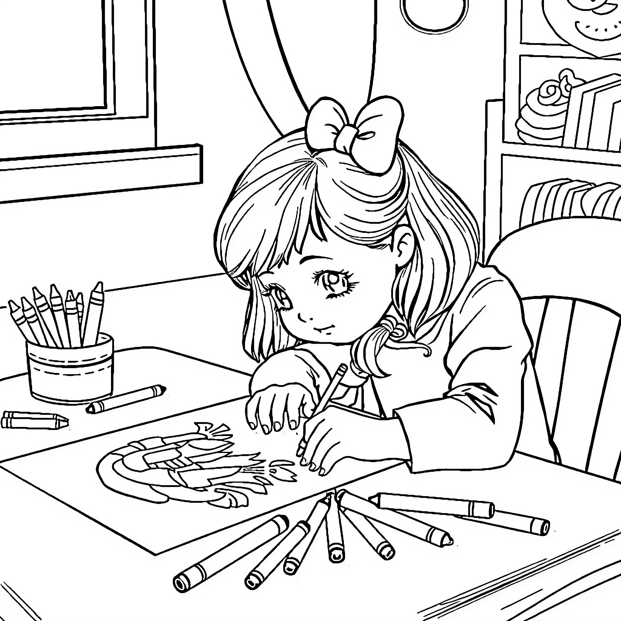 Shelly's Coloring Session at Her Desk Coloring Page (free black-and-white line drawing printable PDF for all, from beginners to advanced learners, including children, teens, adults, and seniors)