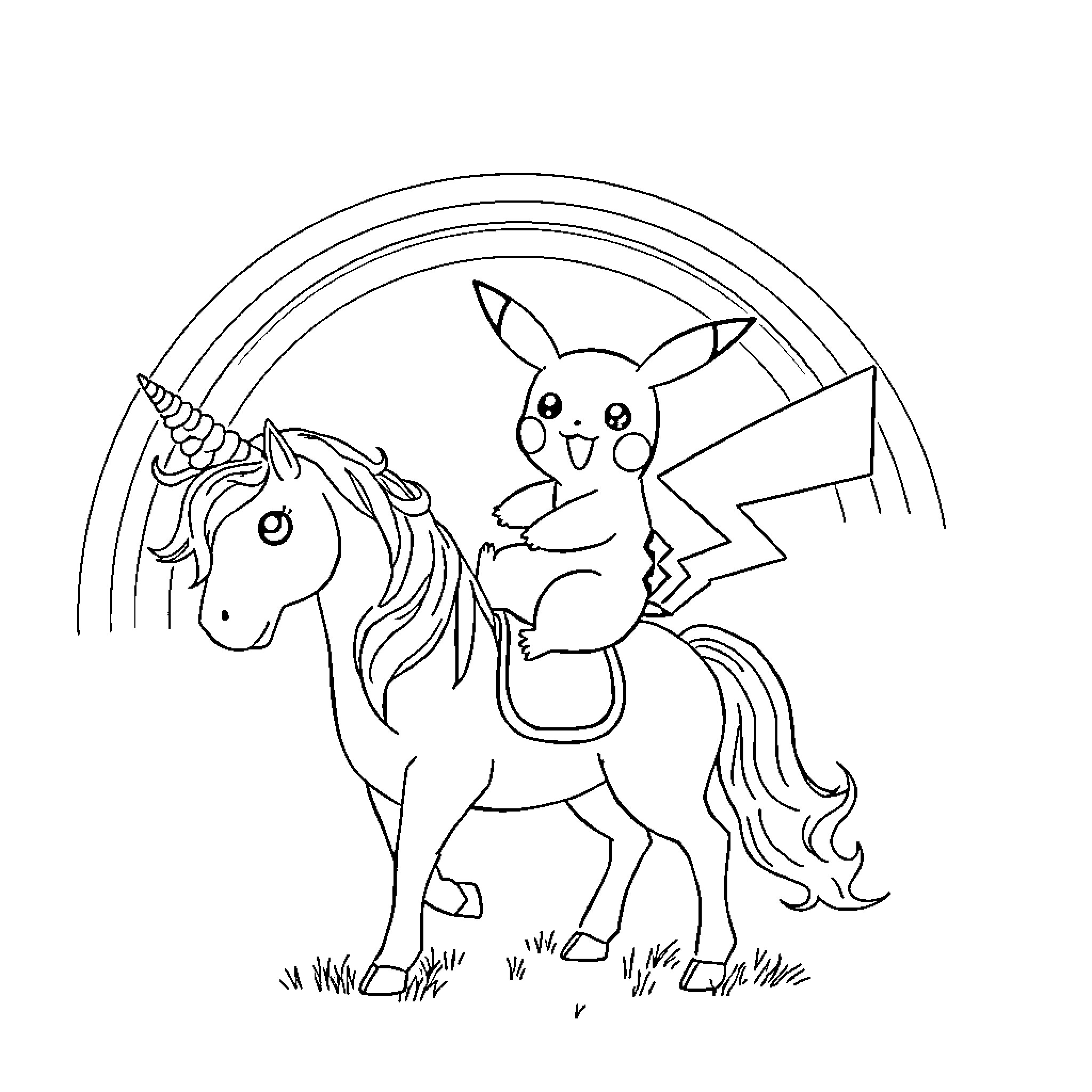 Pikachu riding a magical unicorn in a fantasy scene Coloring Page (free black-and-white line drawing printable PDF for all, from beginners to advanced learners, including children, teens, adults, and seniors)