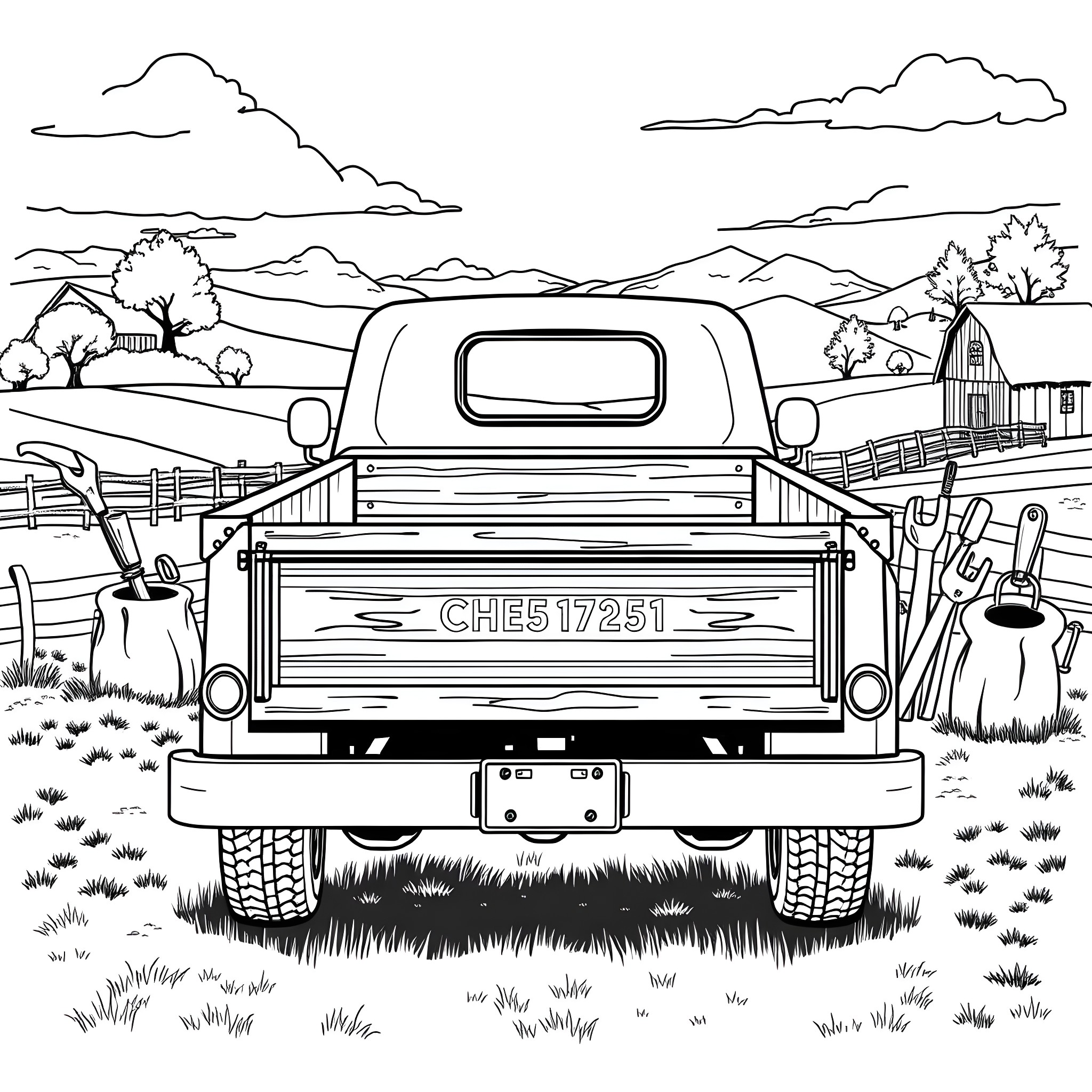 Flatbed truck in rural countryside landscape Coloring Page (free black-and-white line drawing printable PDF for all, from beginners to advanced learners, including children, teens, adults, and seniors)