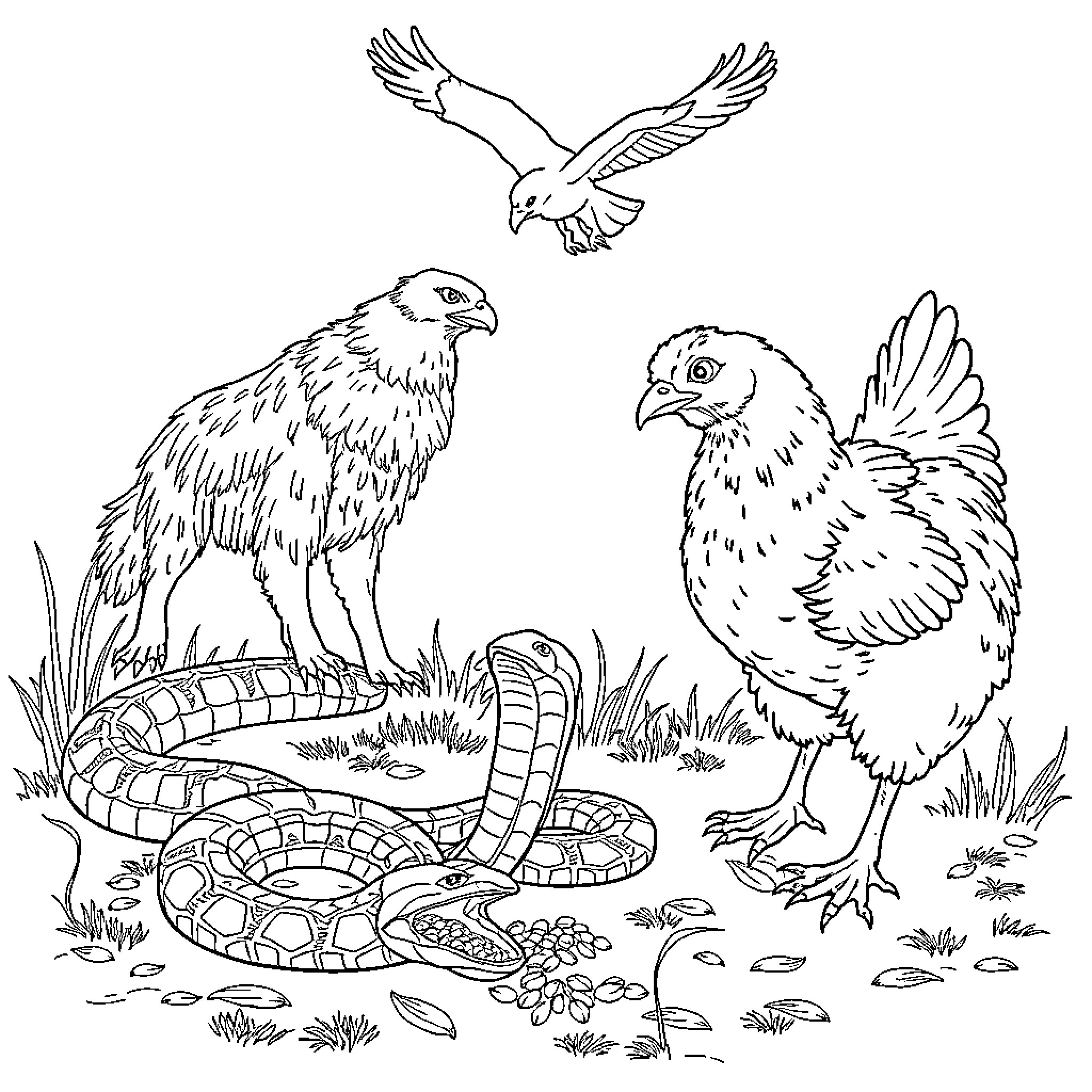 Gallina: Birds and Snakes in Nature Coloring Page (free black-and-white line drawing printable PDF for all, from beginners to advanced learners, including children, teens, adults, and seniors)
