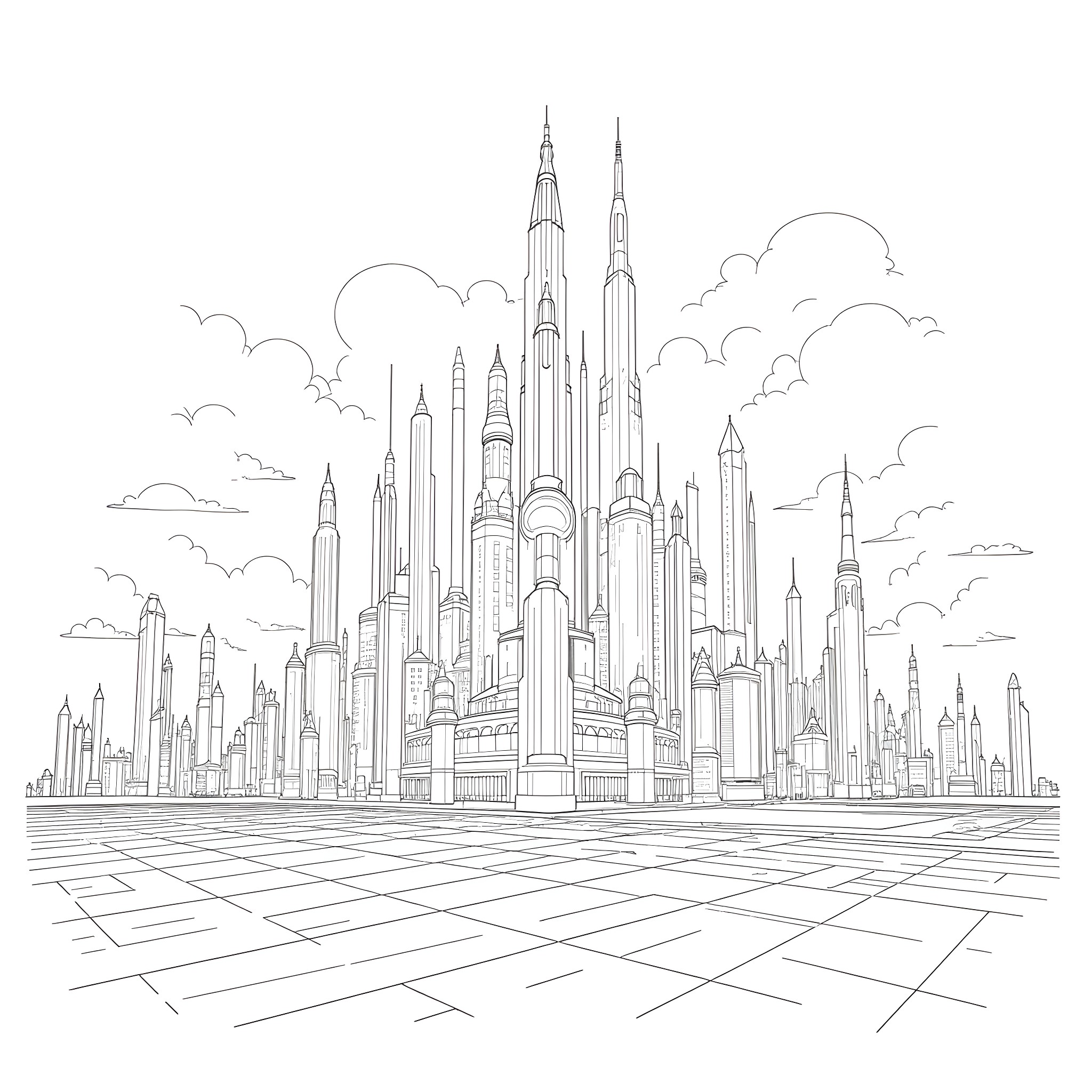 Cyberpunk futuristic cityscape with towering skyscrapers Coloring Page (free black-and-white line drawing printable PDF for all, from beginners to advanced learners, including children, teens, adults, and seniors)