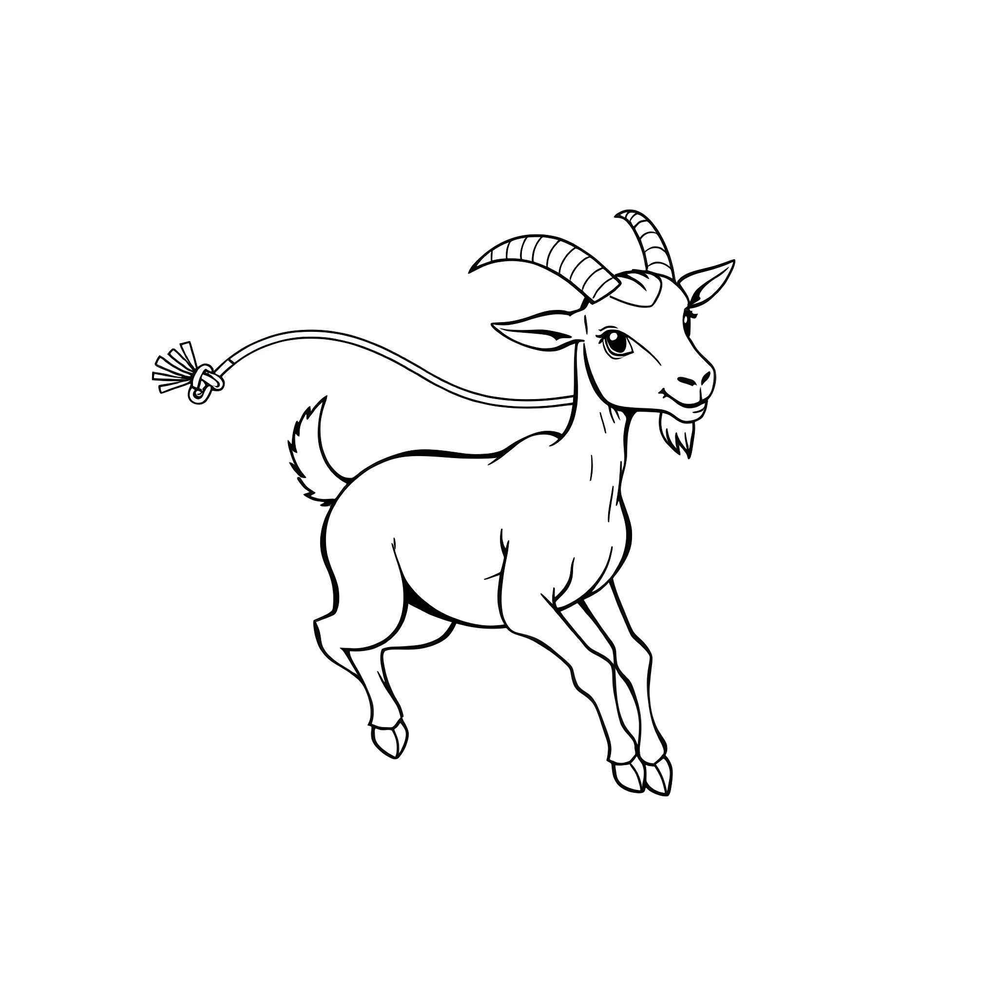 Goat with curly horns and happy expression Coloring Page (free black-and-white line drawing printable PDF for all, from beginners to advanced learners, including children, teens, adults, and seniors)