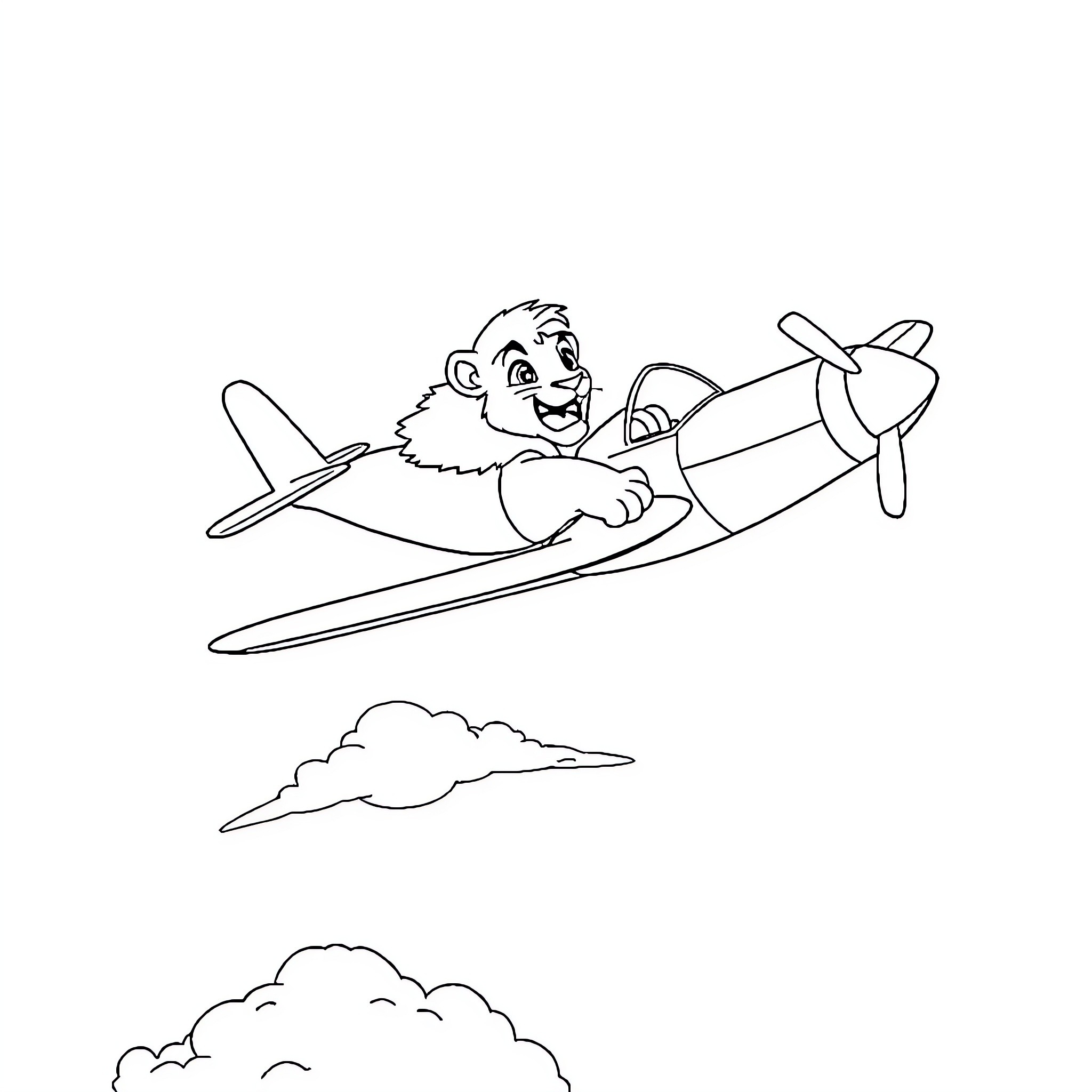 Simba flying high in an airplane Coloring Page (free black-and-white line drawing printable PDF for all, from beginners to advanced learners, including children, teens, adults, and seniors)